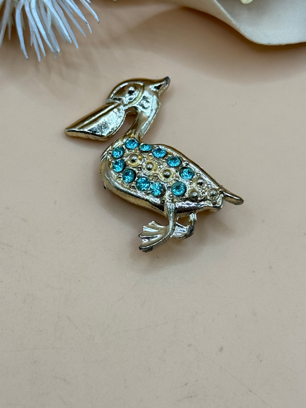 Gold Tone Pelican Bird Brooch Blue Rhinestone Figural Pin