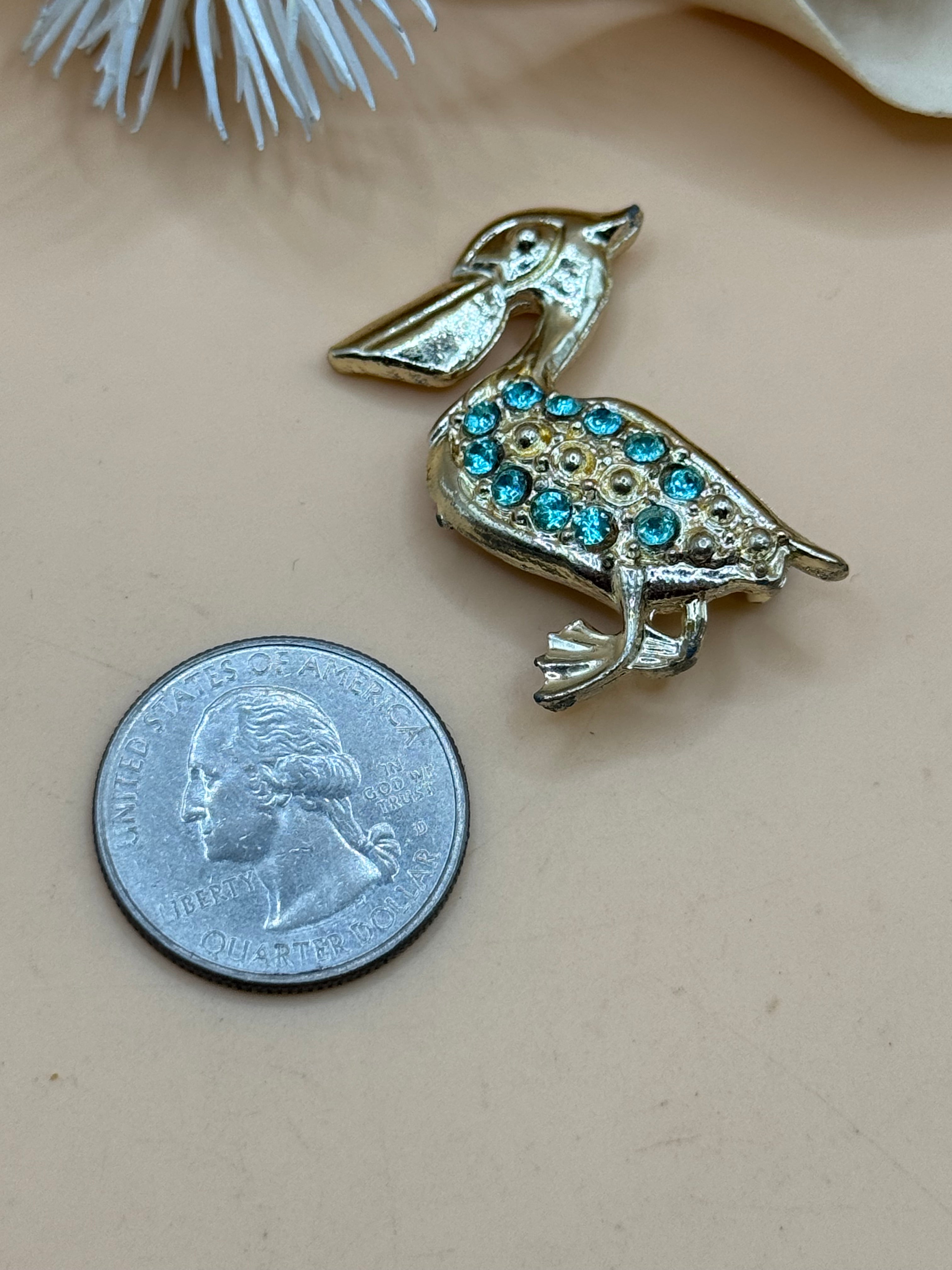 Gold Tone Pelican Bird Brooch Blue Rhinestone Figural Pin