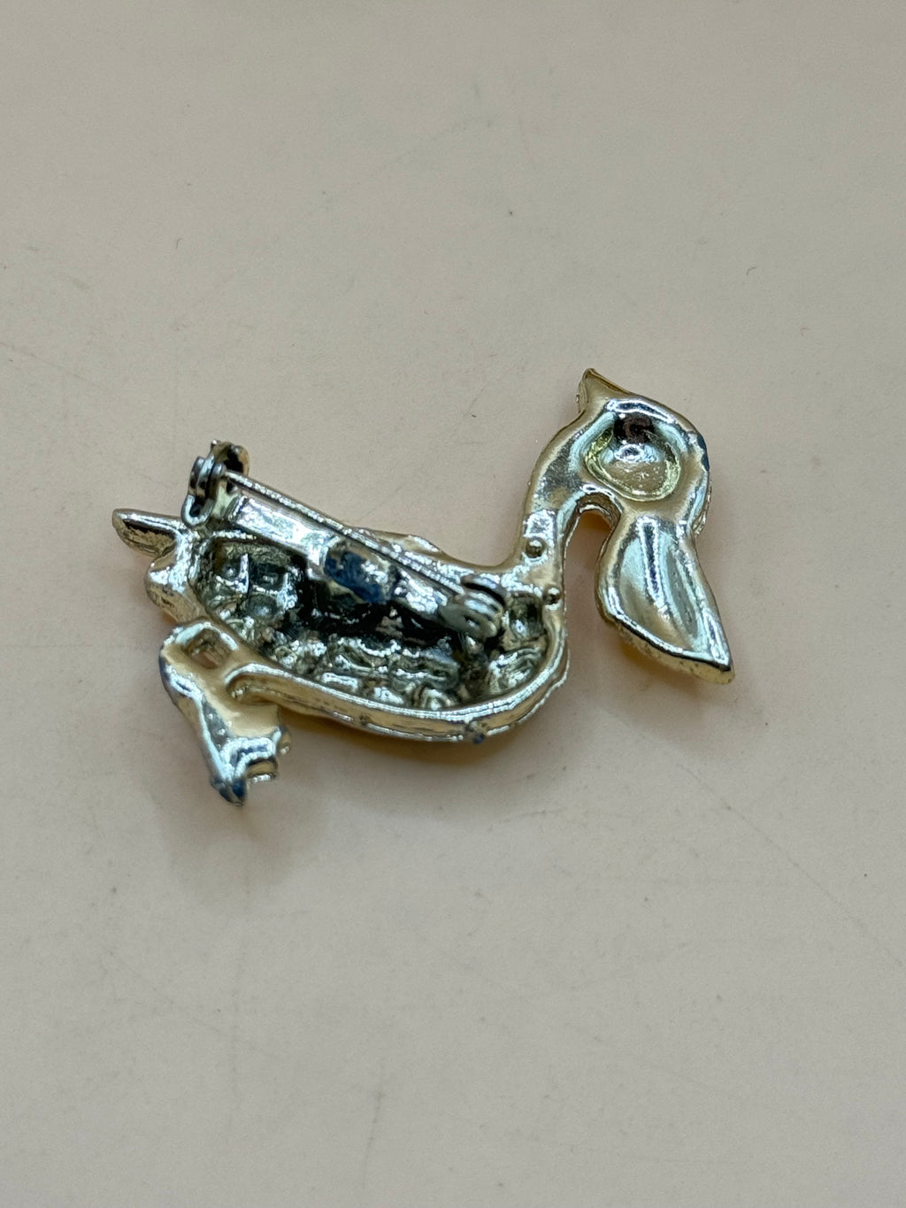 Gold Tone Pelican Bird Brooch Blue Rhinestone Figural Pin