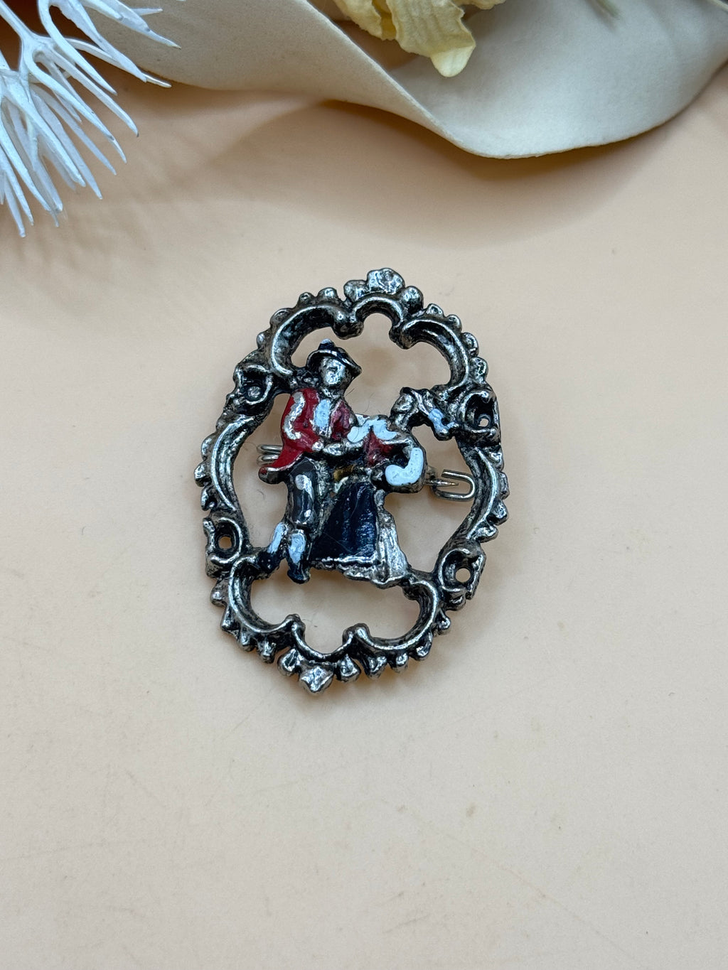 Vintage Dutch Couple Brooch Silver Tone Hand Painted Figural Pin