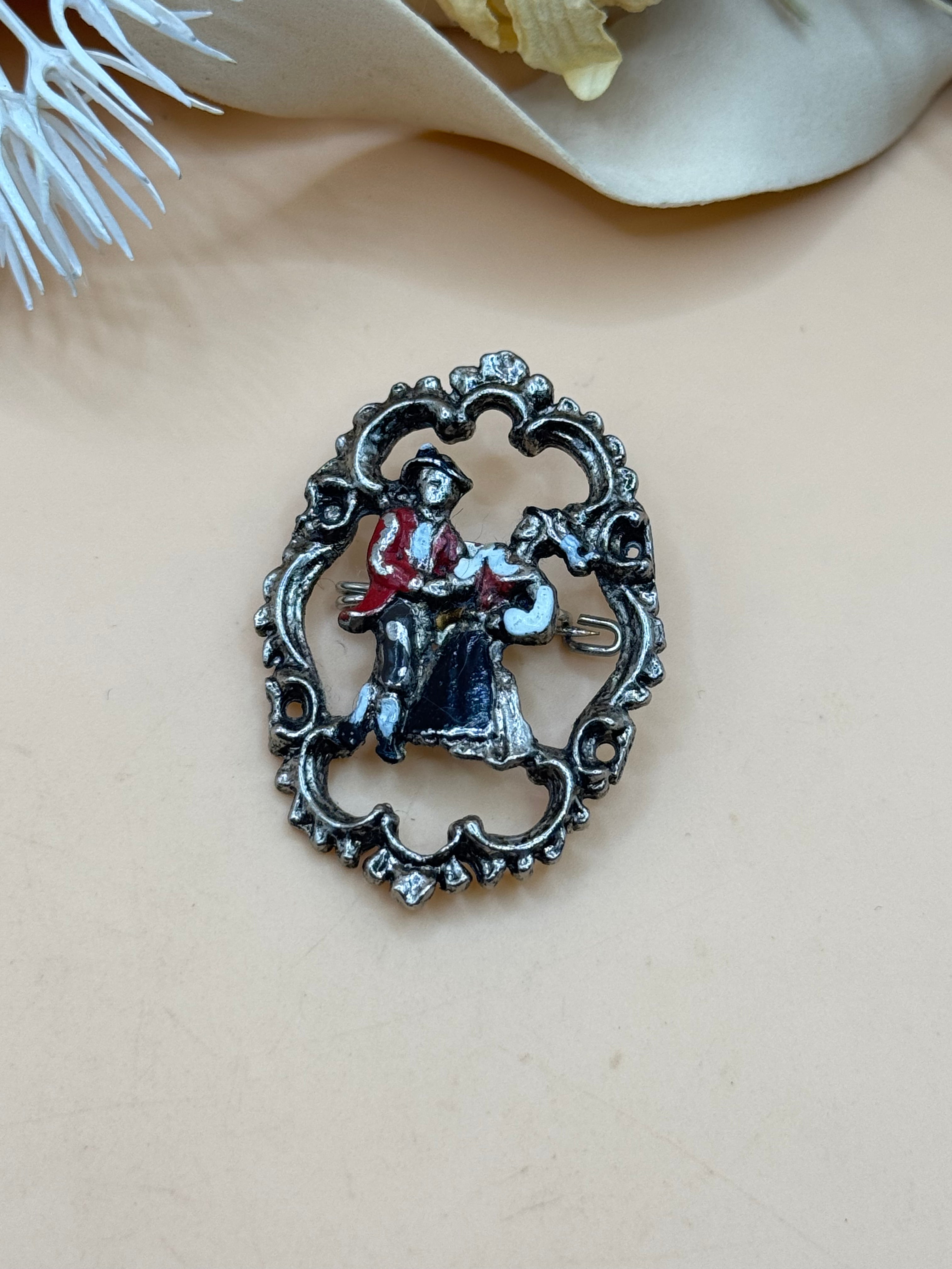 Vintage Dutch Couple Brooch Silver Tone Hand Painted Figural Pin