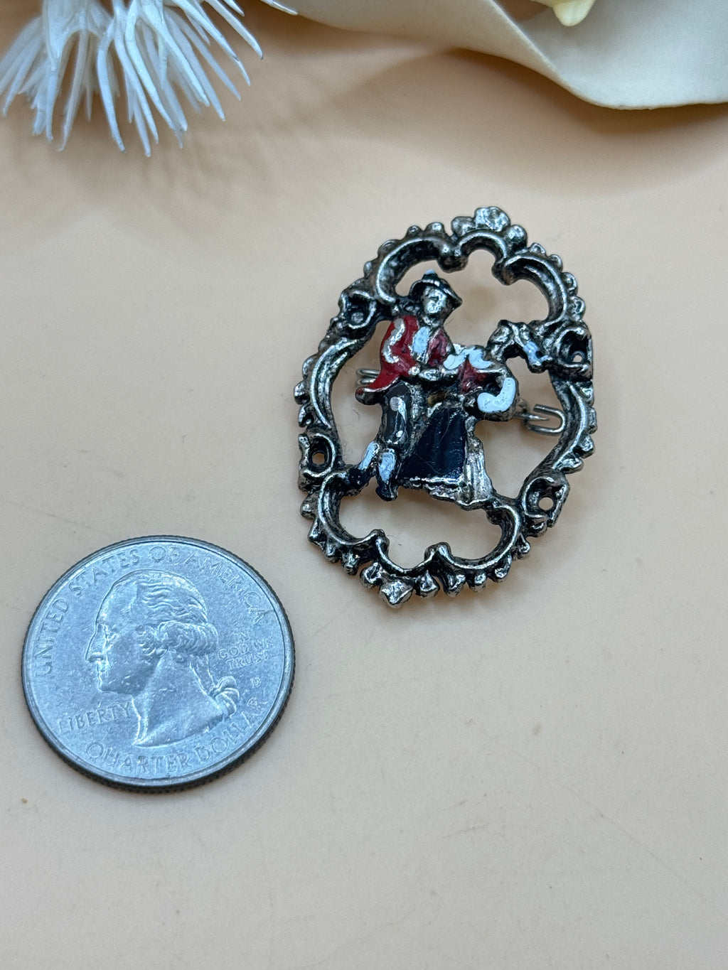 Vintage Dutch Couple Brooch Silver Tone Hand Painted Figural Pin