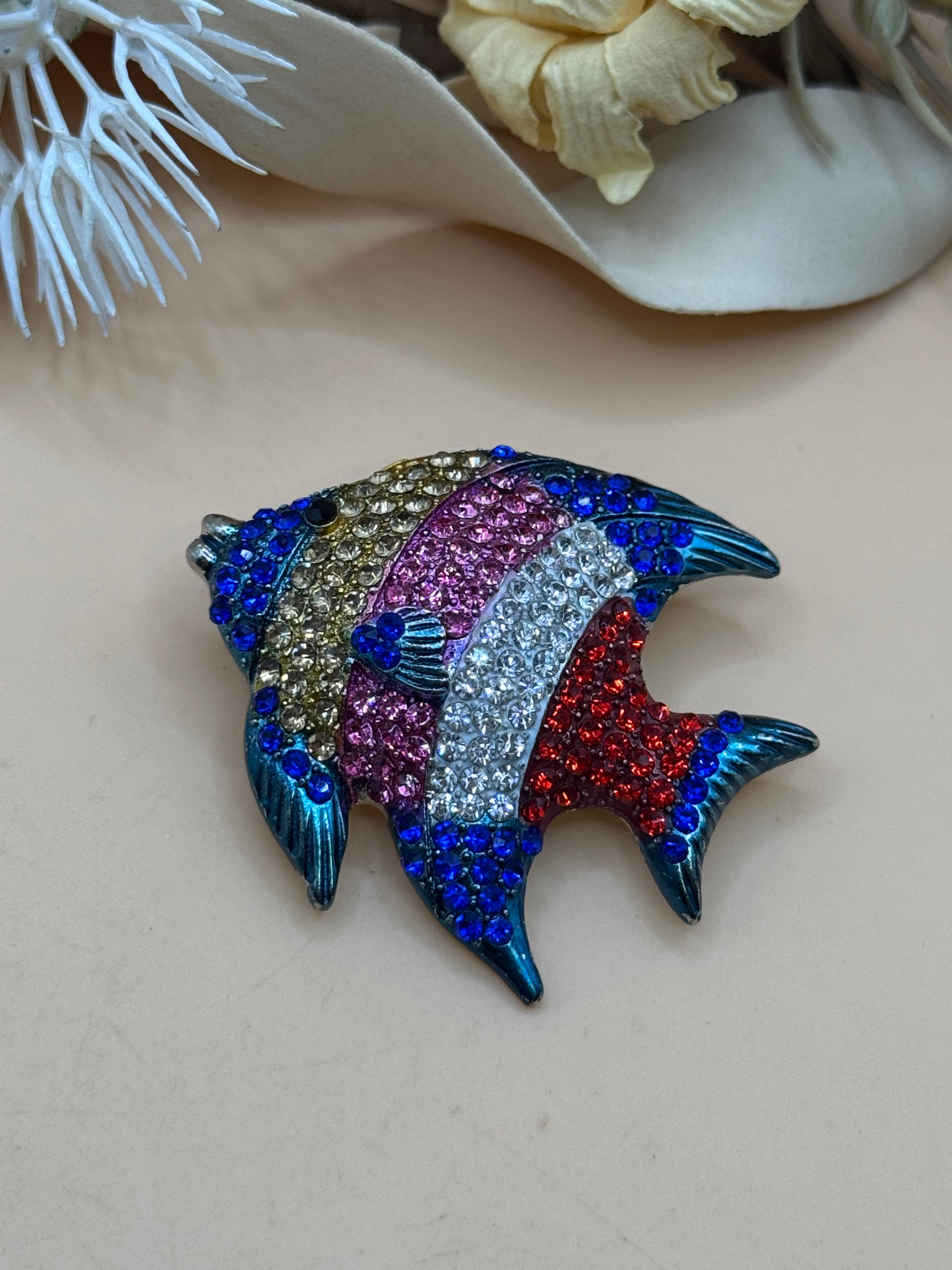 Colorful Rhinestone Tropical Angelfish Brooch Blue Pink Red Crystal Fish Pin