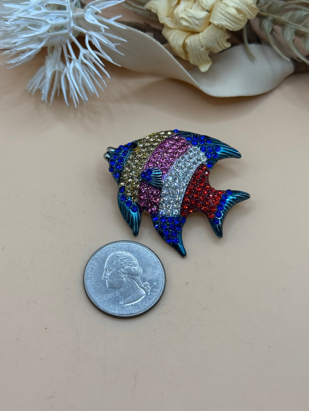 Colorful Rhinestone Tropical Angelfish Brooch Blue Pink Red Crystal Fish Pin