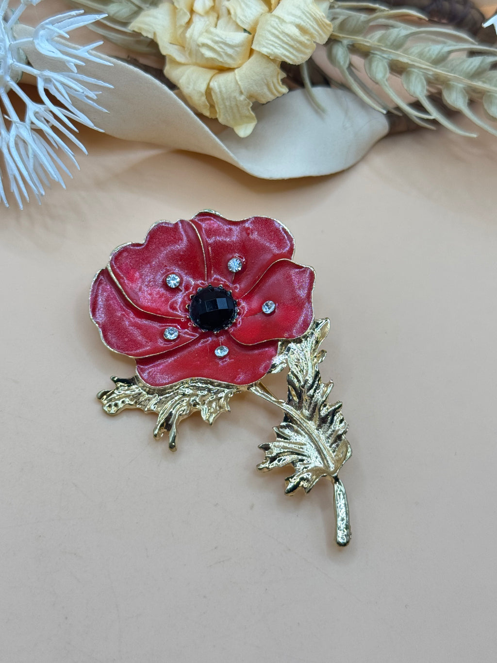 Red Enamel Poppy Flower Brooch Gold Tone Black Crystal Rhinestone Floral Pin