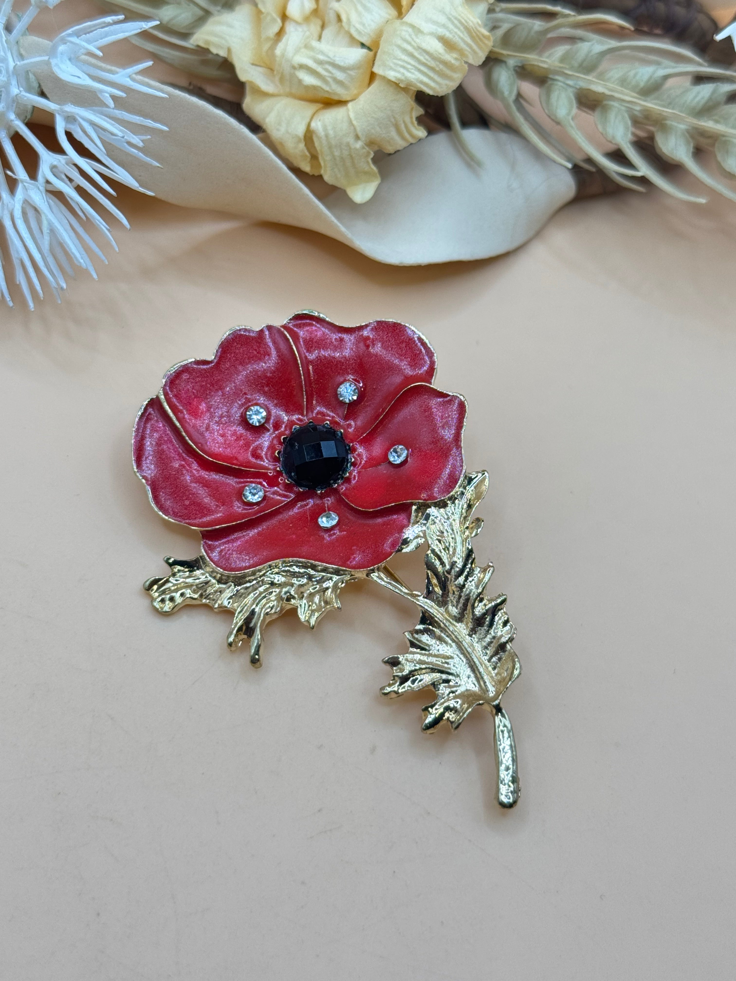 Red Enamel Poppy Flower Brooch Gold Tone Black Crystal Rhinestone Floral Pin