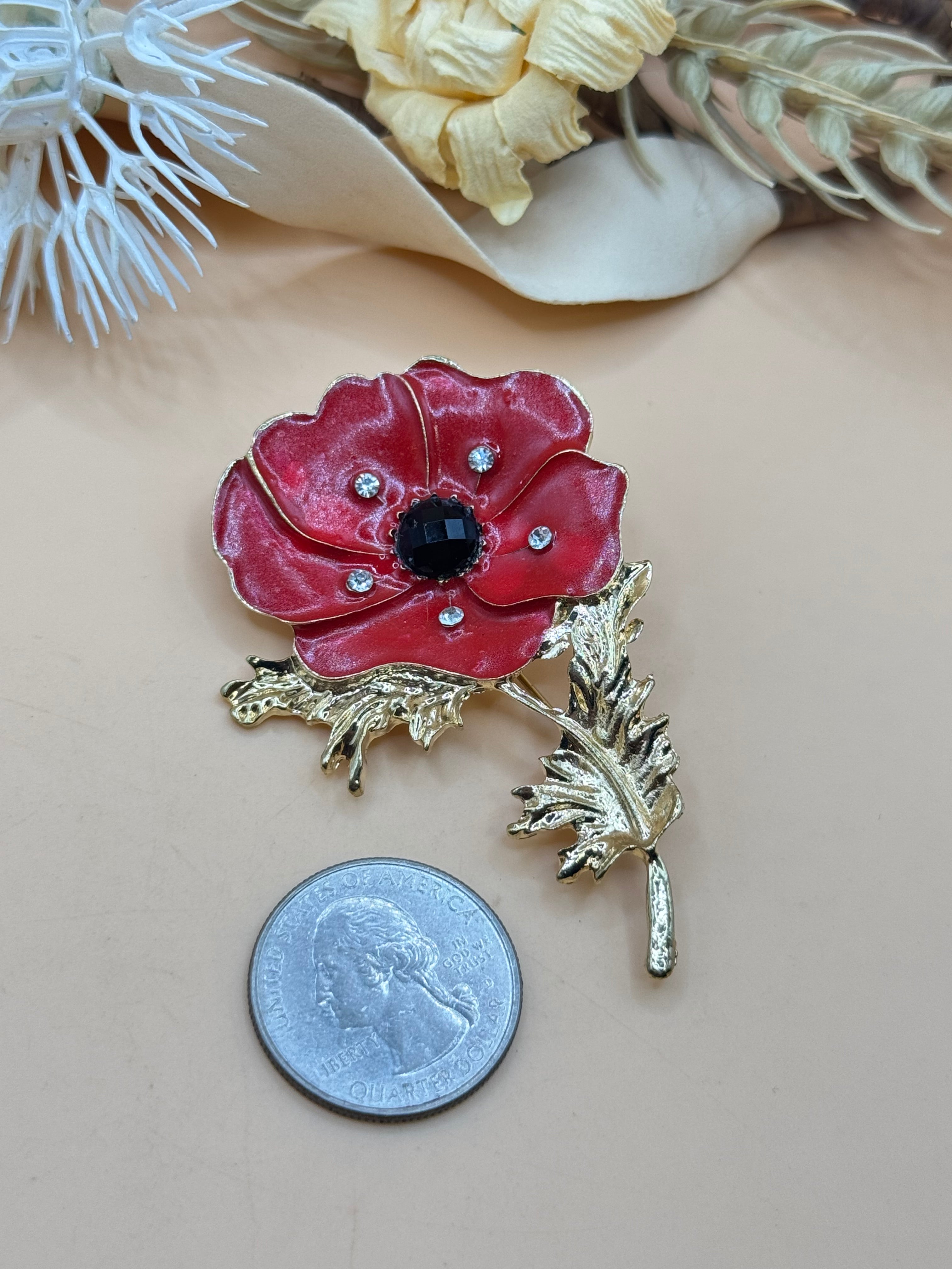 Red Enamel Poppy Flower Brooch Gold Tone Black Crystal Rhinestone Floral Pin