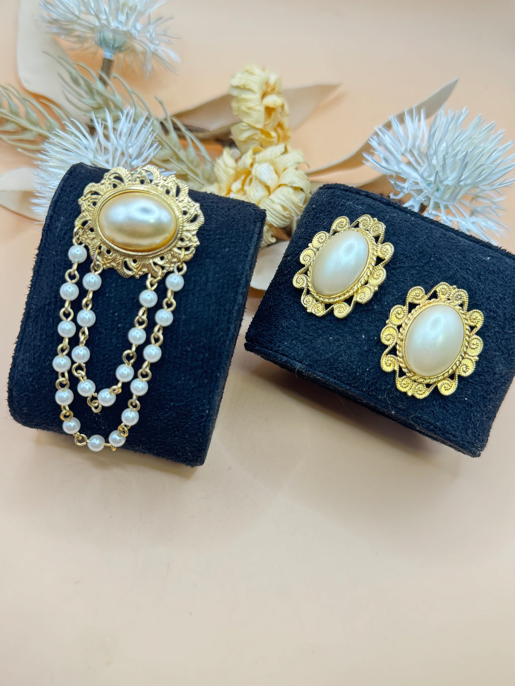 Vintage Gold Tone Faux Pearl Brooch & Matching Earrings Filigree Jewelry Set