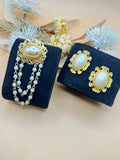 Vintage Gold Tone Faux Pearl Brooch & Matching Earrings Filigree Jewelry Set
