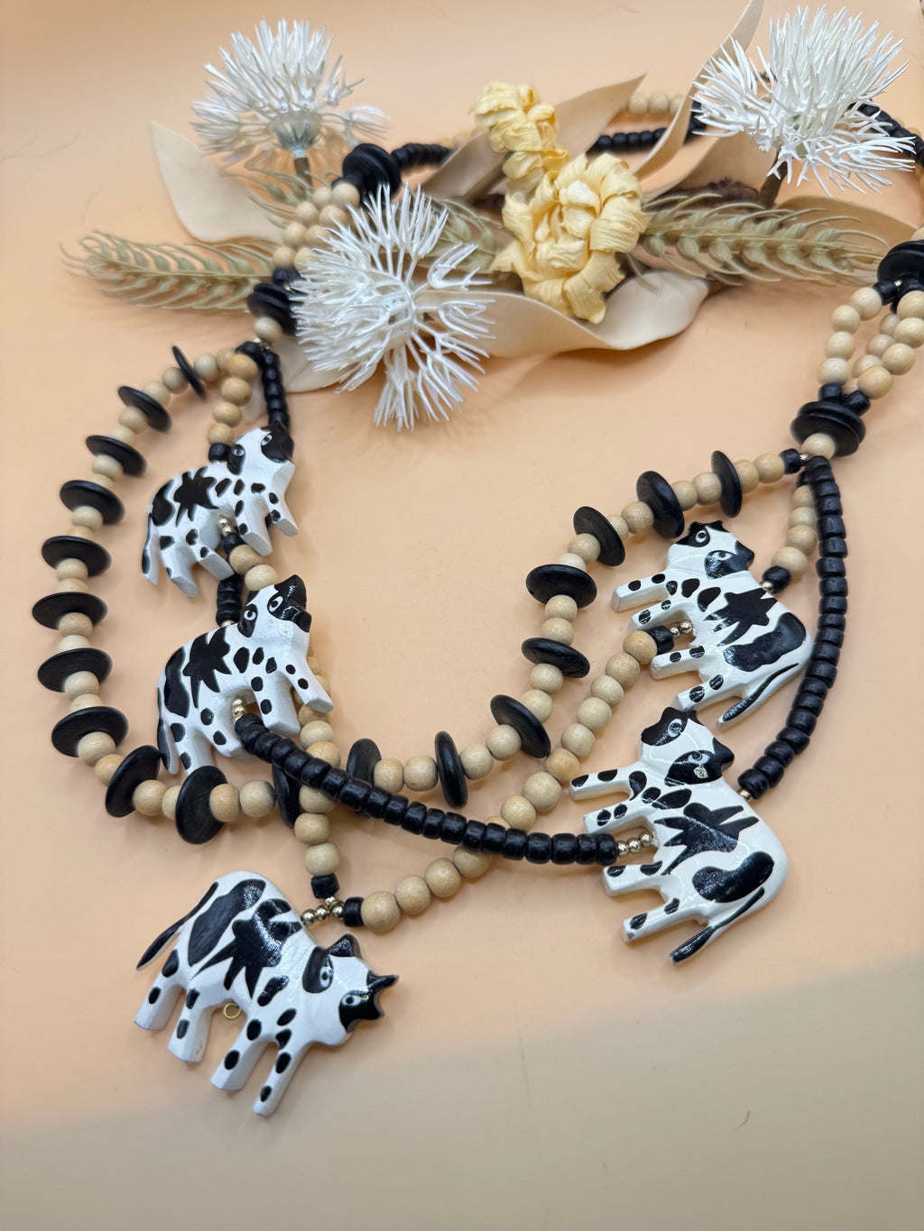24” Hand Carved Cow Wooden Bead Statement Necklace Black White Folk Art