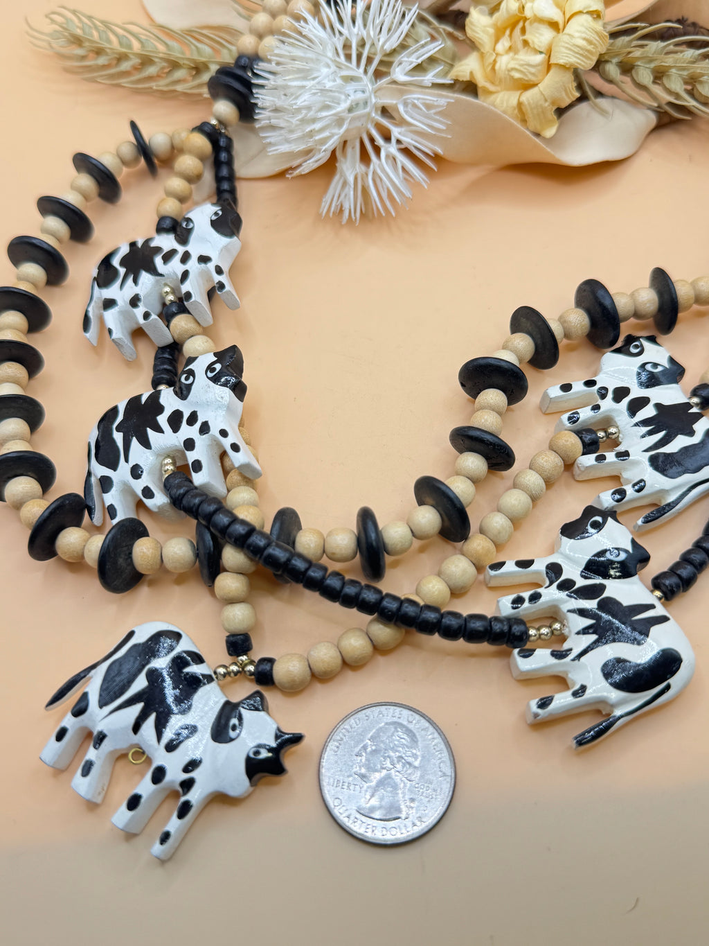 24” Hand Carved Cow Wooden Bead Statement Necklace Black White Folk Art