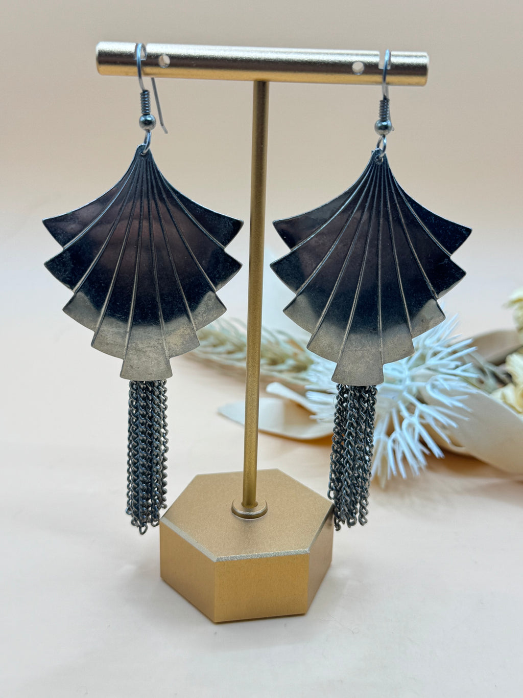 Vintage Silver Tone Art Deco Fan Tassel Dangle Earrings Fringe Statement