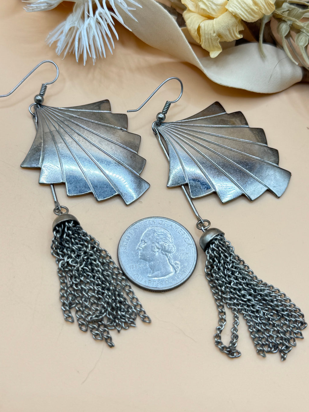 Vintage Silver Tone Art Deco Fan Tassel Dangle Earrings Fringe Statement