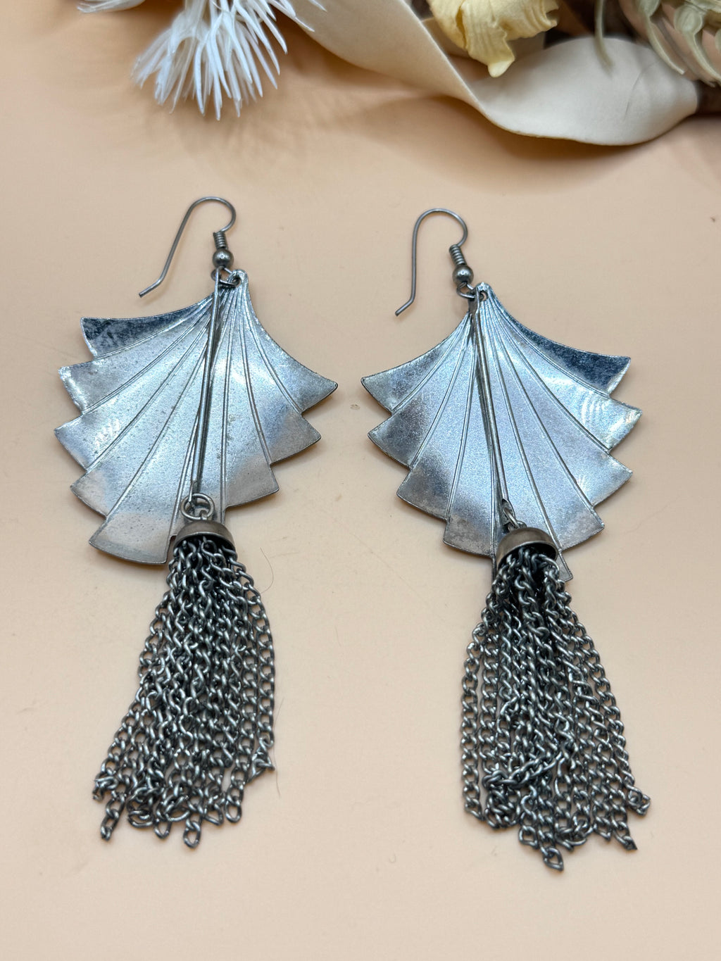 Vintage Silver Tone Art Deco Fan Tassel Dangle Earrings Fringe Statement