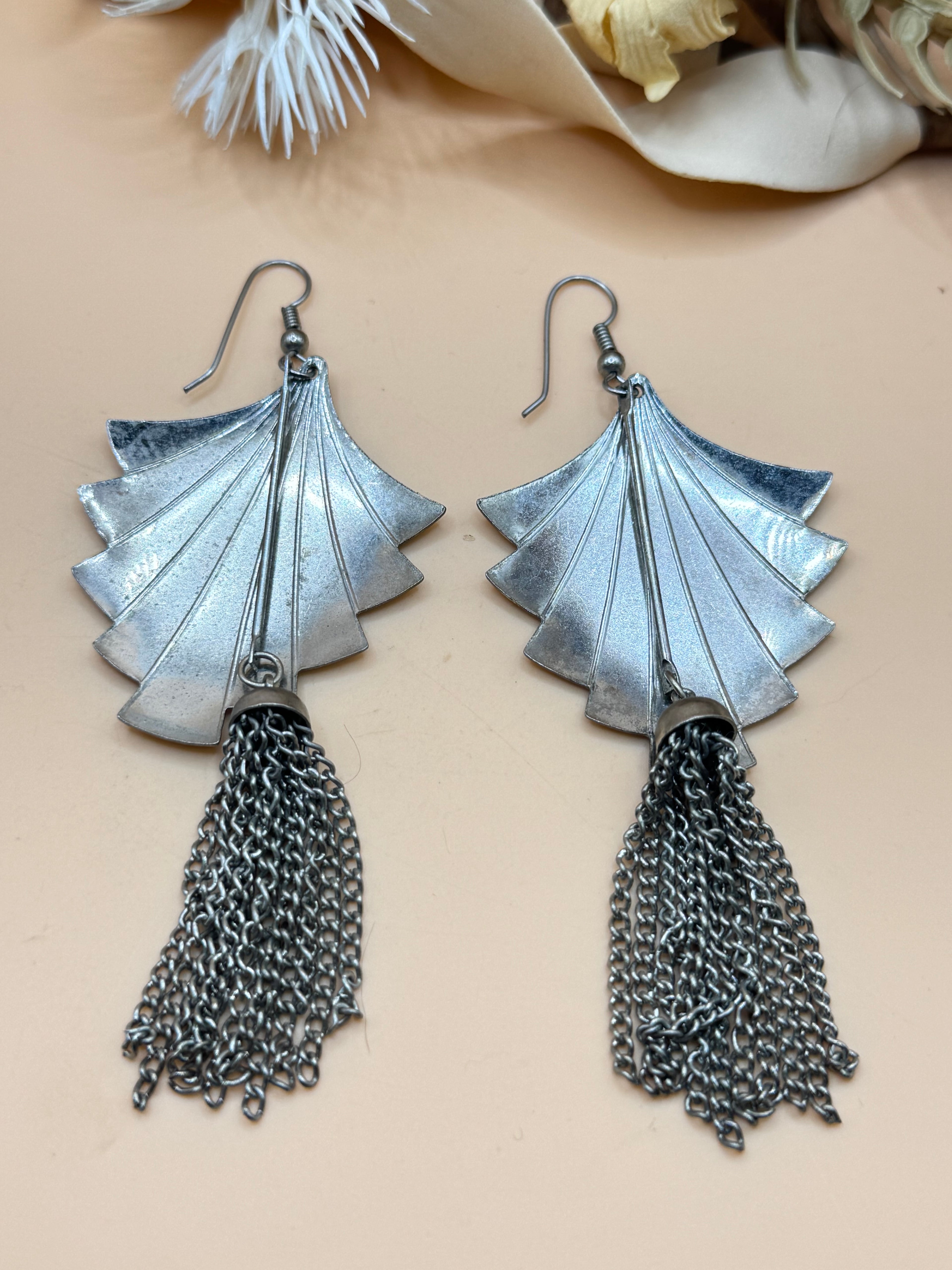 Vintage Silver Tone Art Deco Fan Tassel Dangle Earrings Fringe Statement