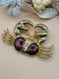 Gold Tone Crab Brooch Brown Cabochon Beach Ocean Coastal Pin