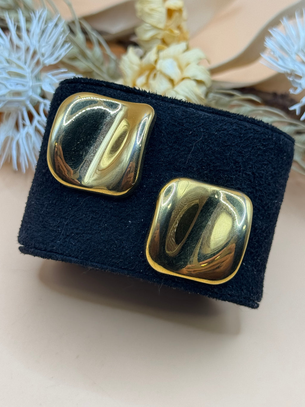 Vintage Gold Tone Square Dome Button Earrings Chunky Retro Statement Pierced