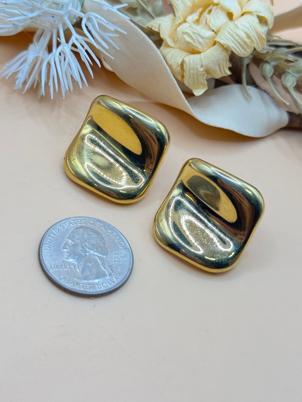 Vintage Gold Tone Square Dome Button Earrings Chunky Retro Statement Pierced
