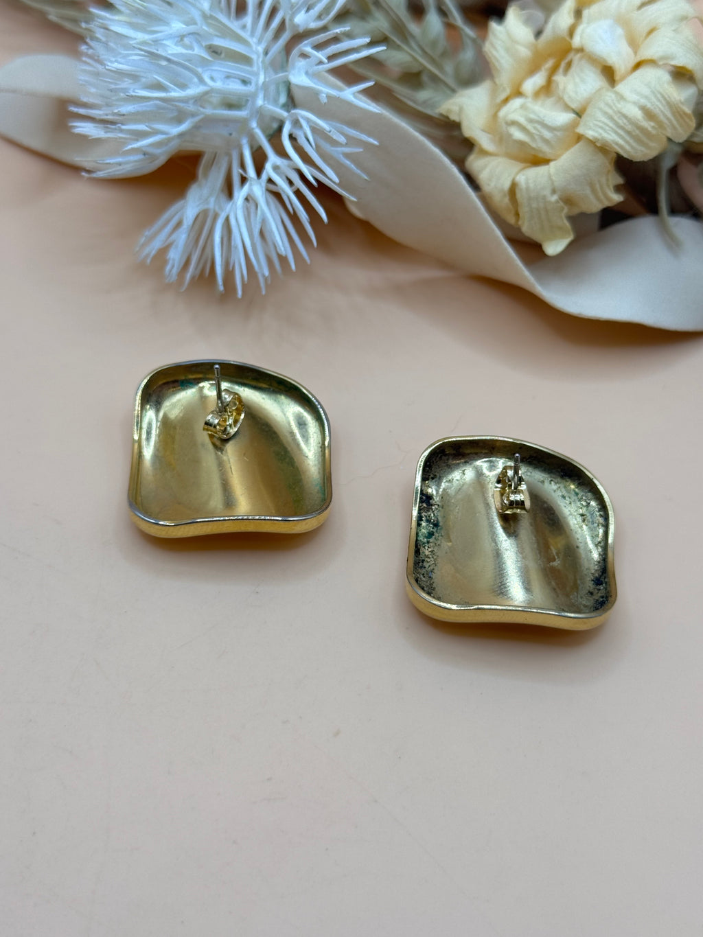 Vintage Gold Tone Square Dome Button Earrings Chunky Retro Statement Pierced