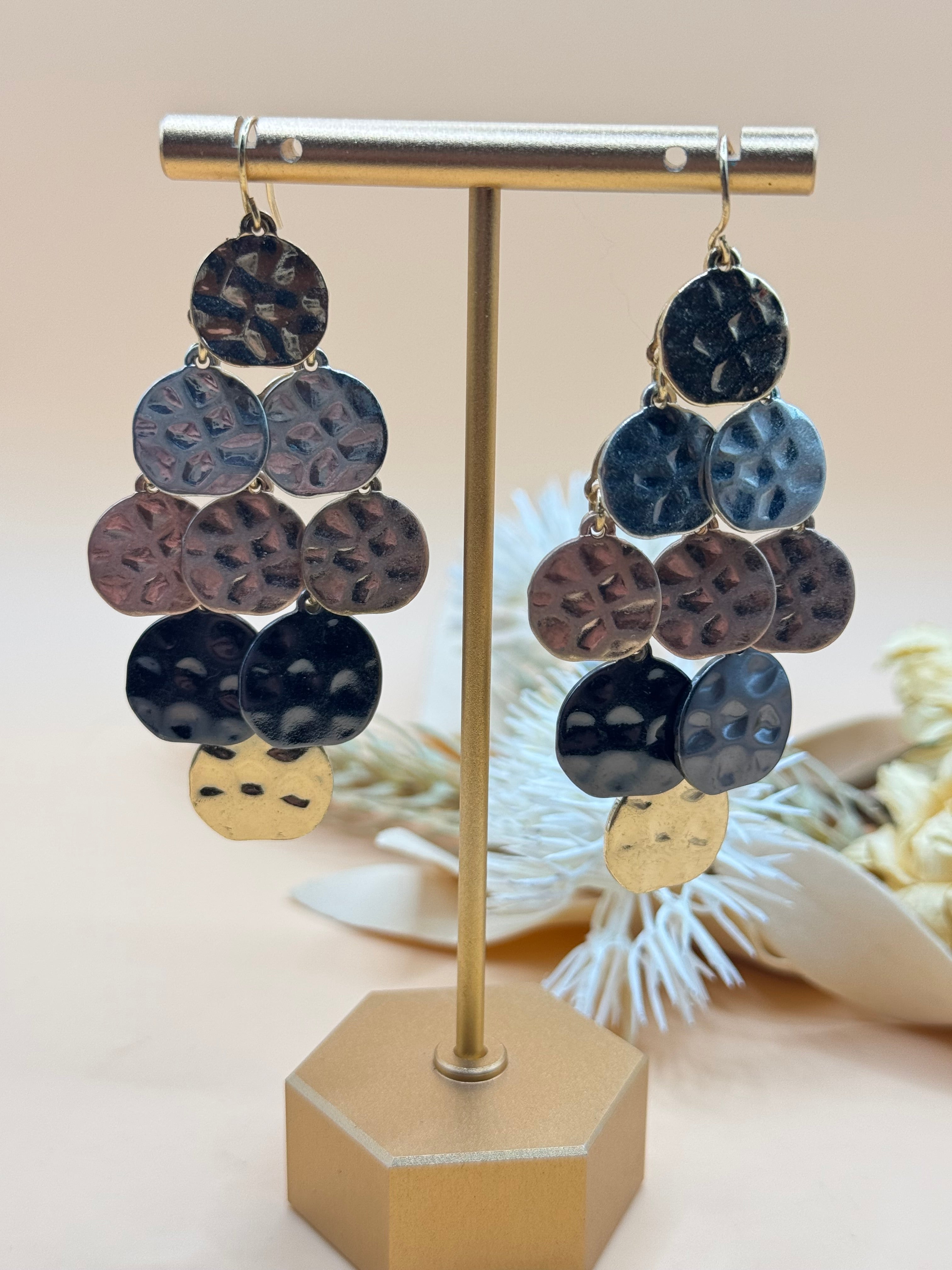 Black Gold Silver Tone Hammered Disc Chandelier Dangle Earrings Fish Hook Boho