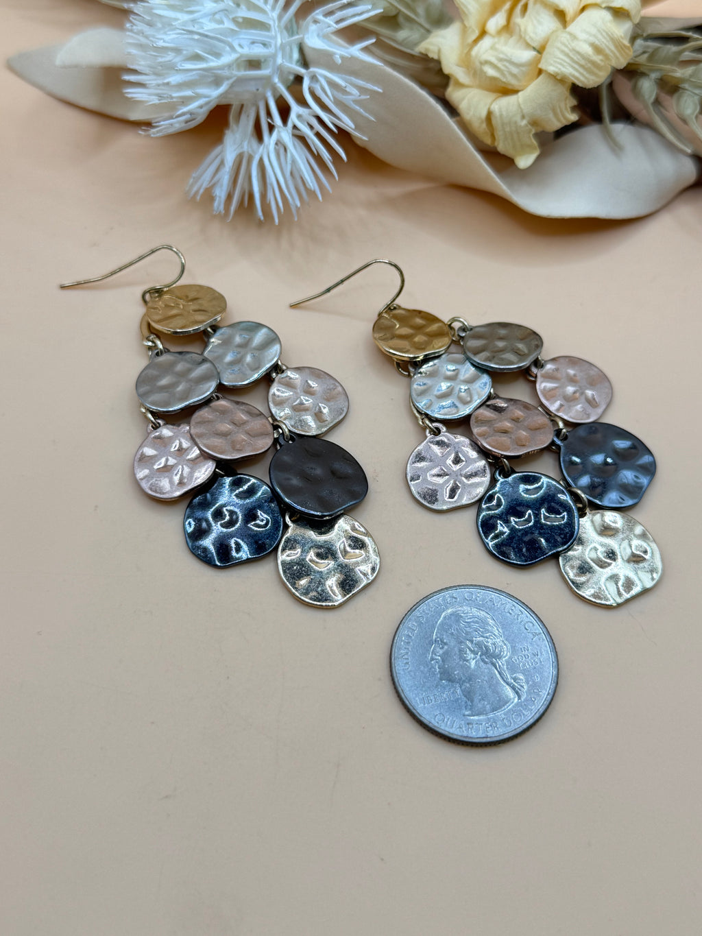 Black Gold Silver Tone Hammered Disc Chandelier Dangle Earrings Fish Hook Boho