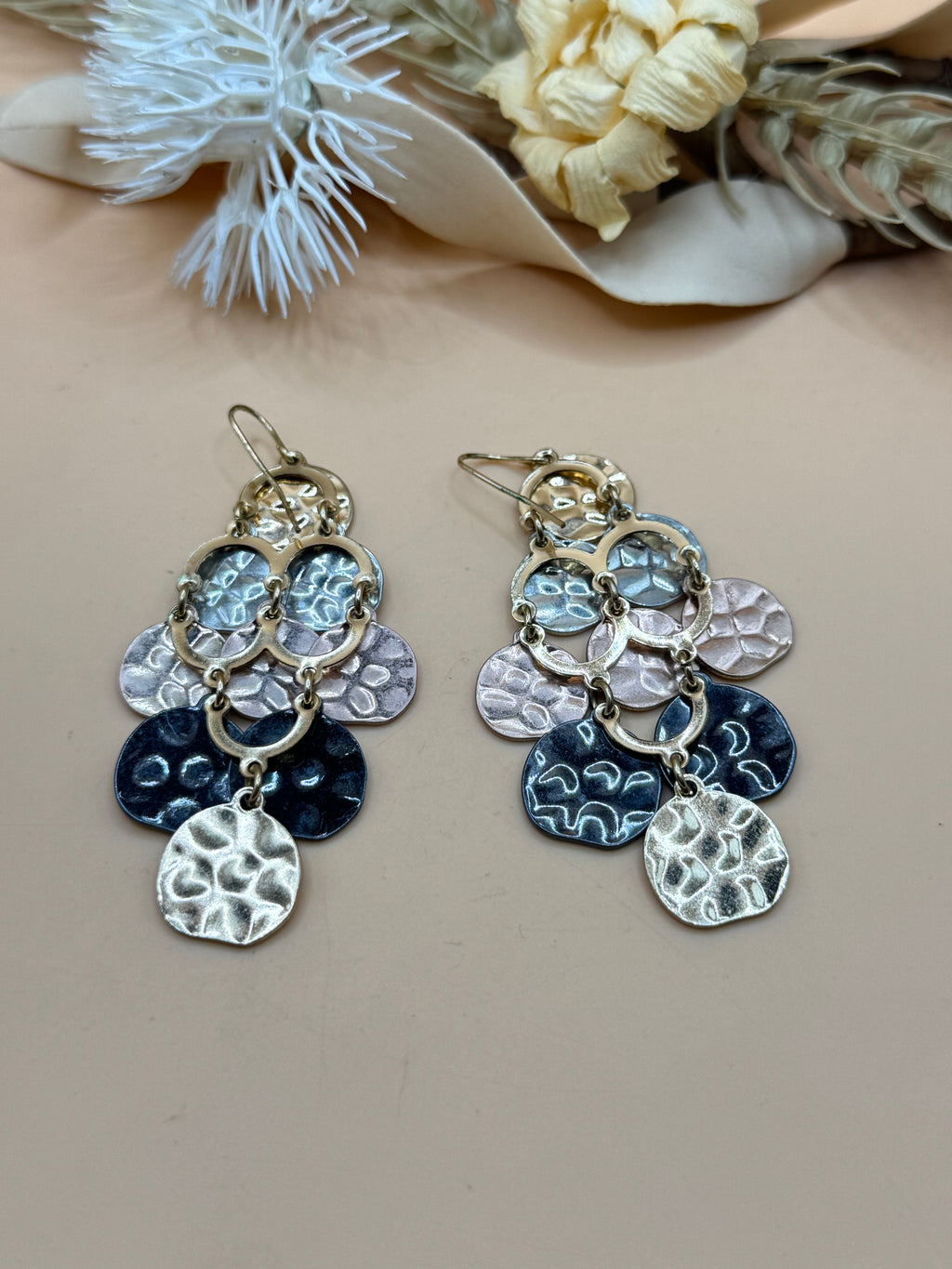 Black Gold Silver Tone Hammered Disc Chandelier Dangle Earrings Fish Hook Boho