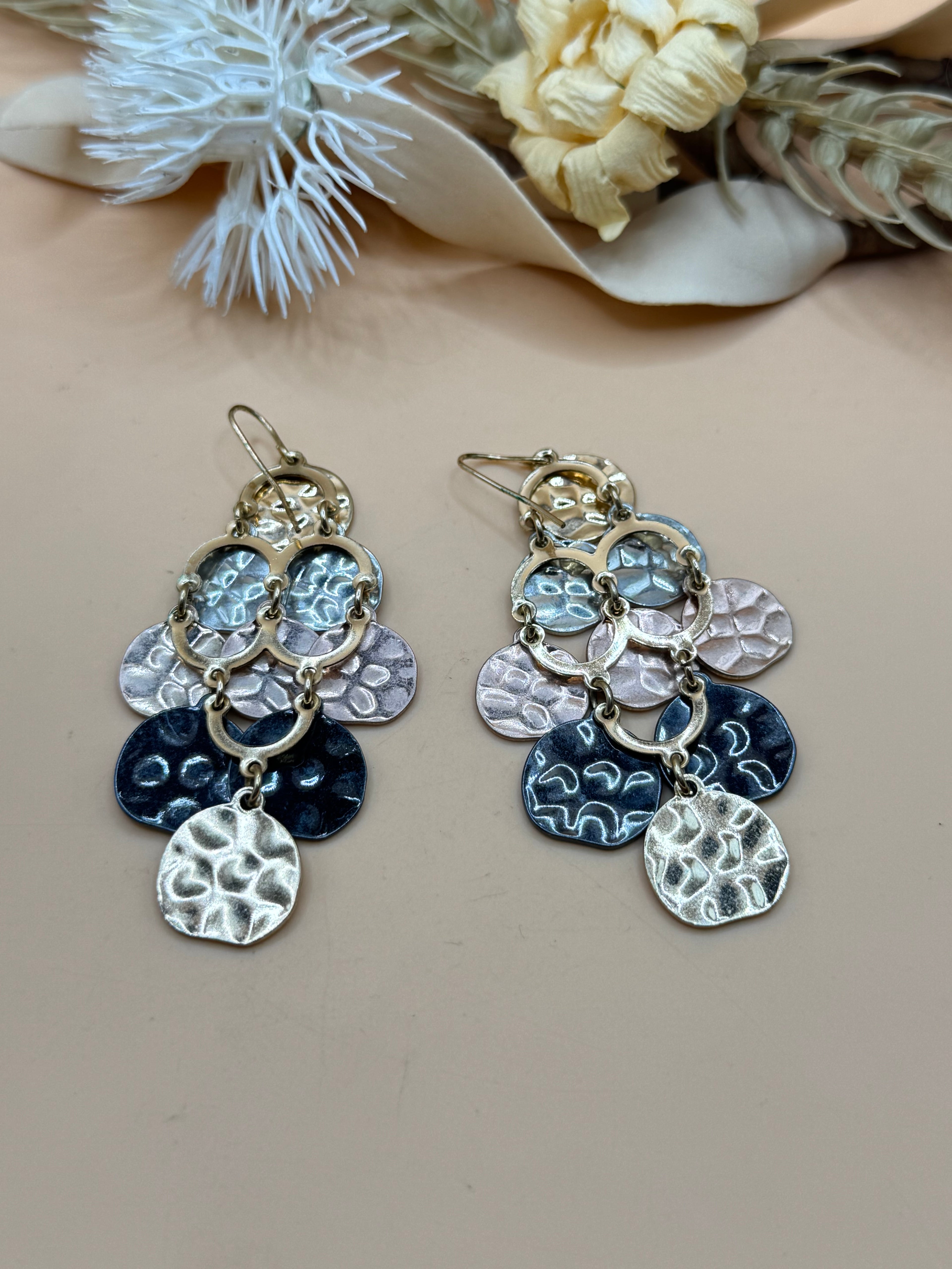 Black Gold Silver Tone Hammered Disc Chandelier Dangle Earrings Fish Hook Boho