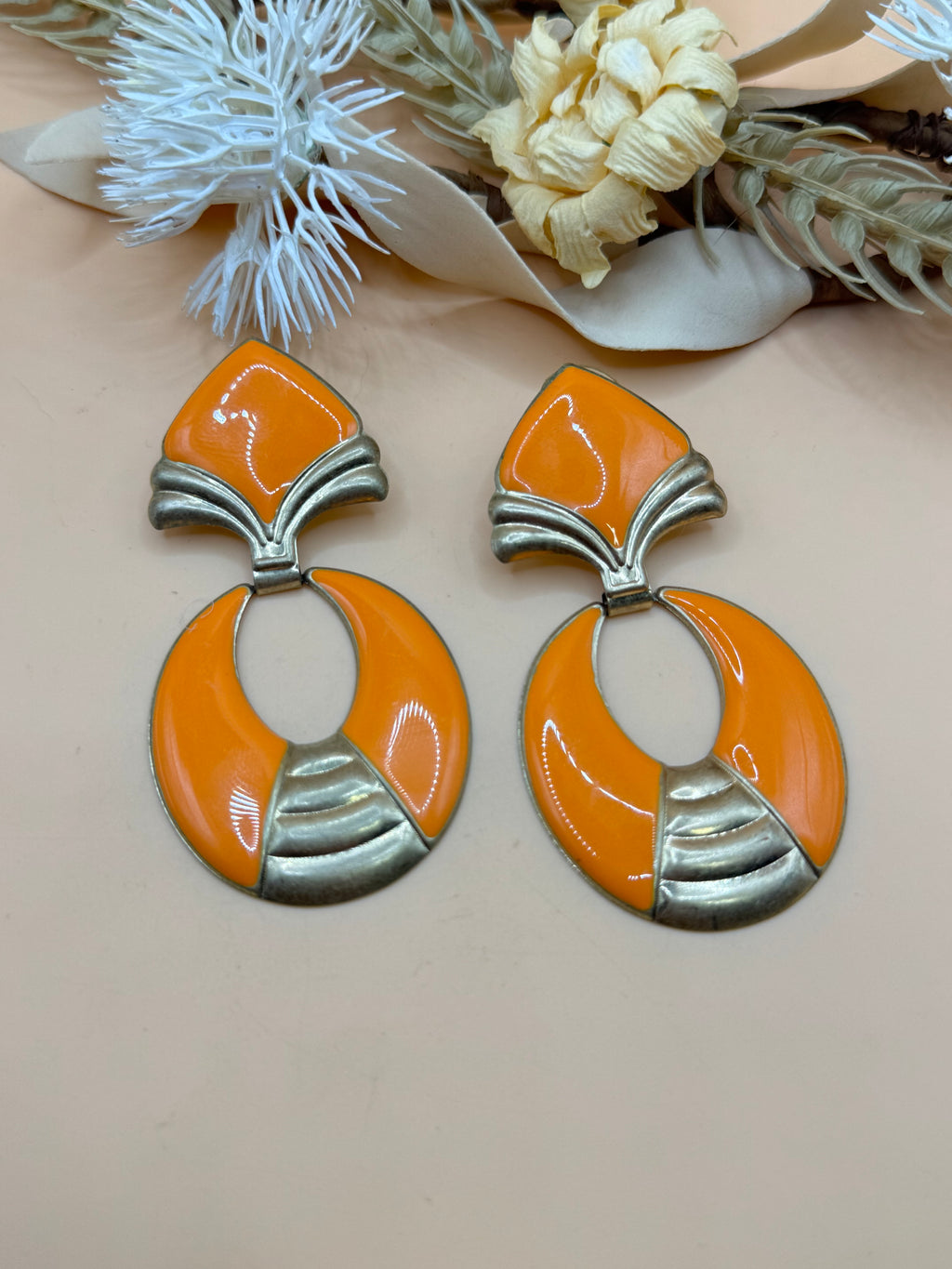 Vintage Orange Enamel Gold Tone Geometric Dangle Statement Earrings Retro