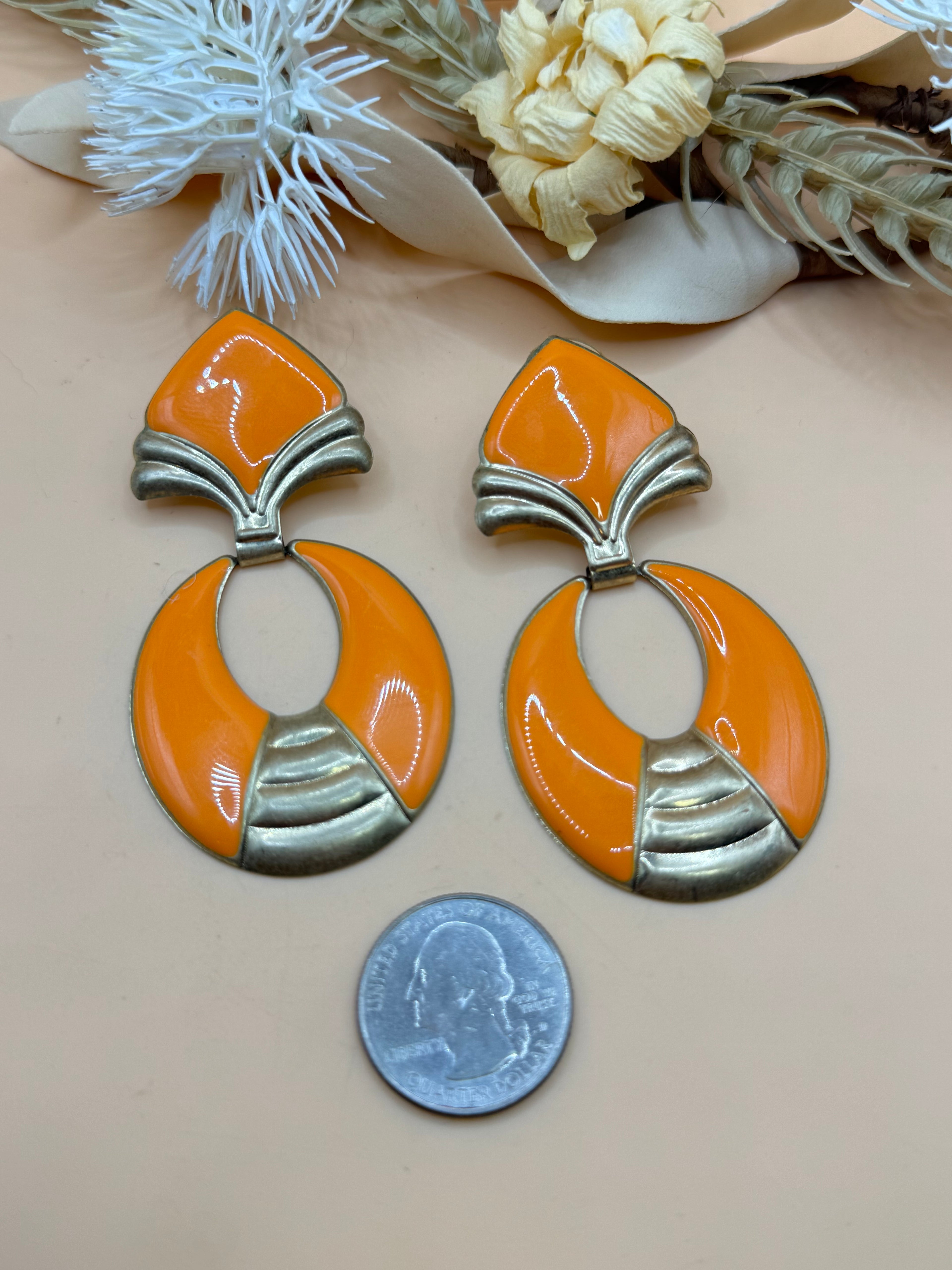 Vintage Orange Enamel Gold Tone Geometric Dangle Statement Earrings Retro