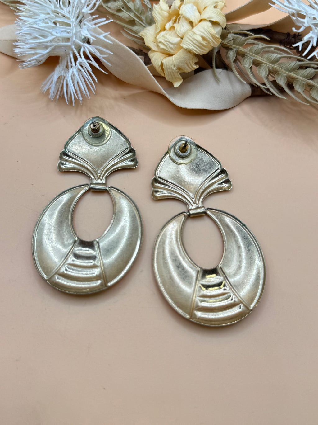Vintage Orange Enamel Gold Tone Geometric Dangle Statement Earrings Retro