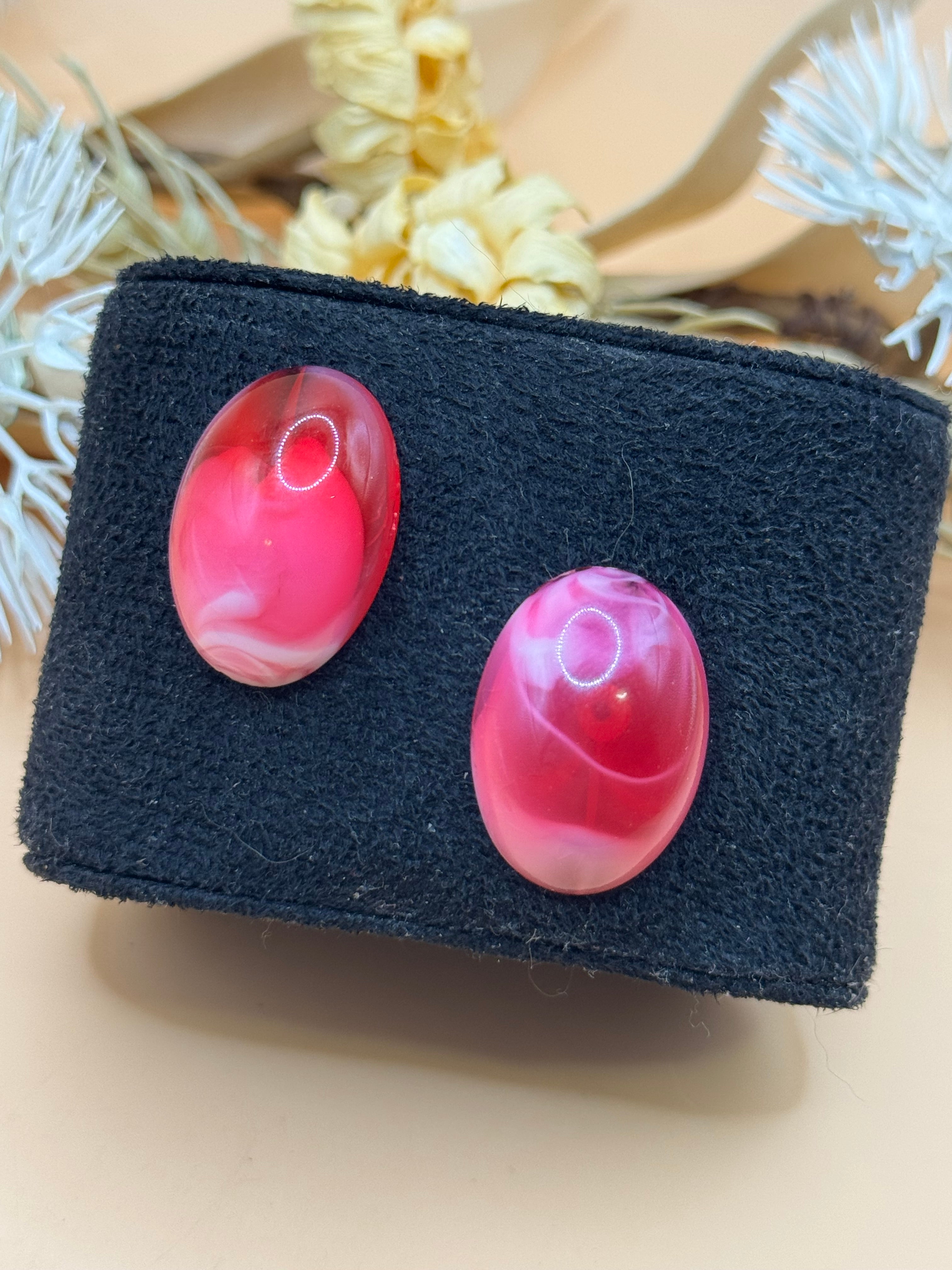 Pink Marbled Resin Oval Stud Earrings Glossy Statement Fashion Jewelry