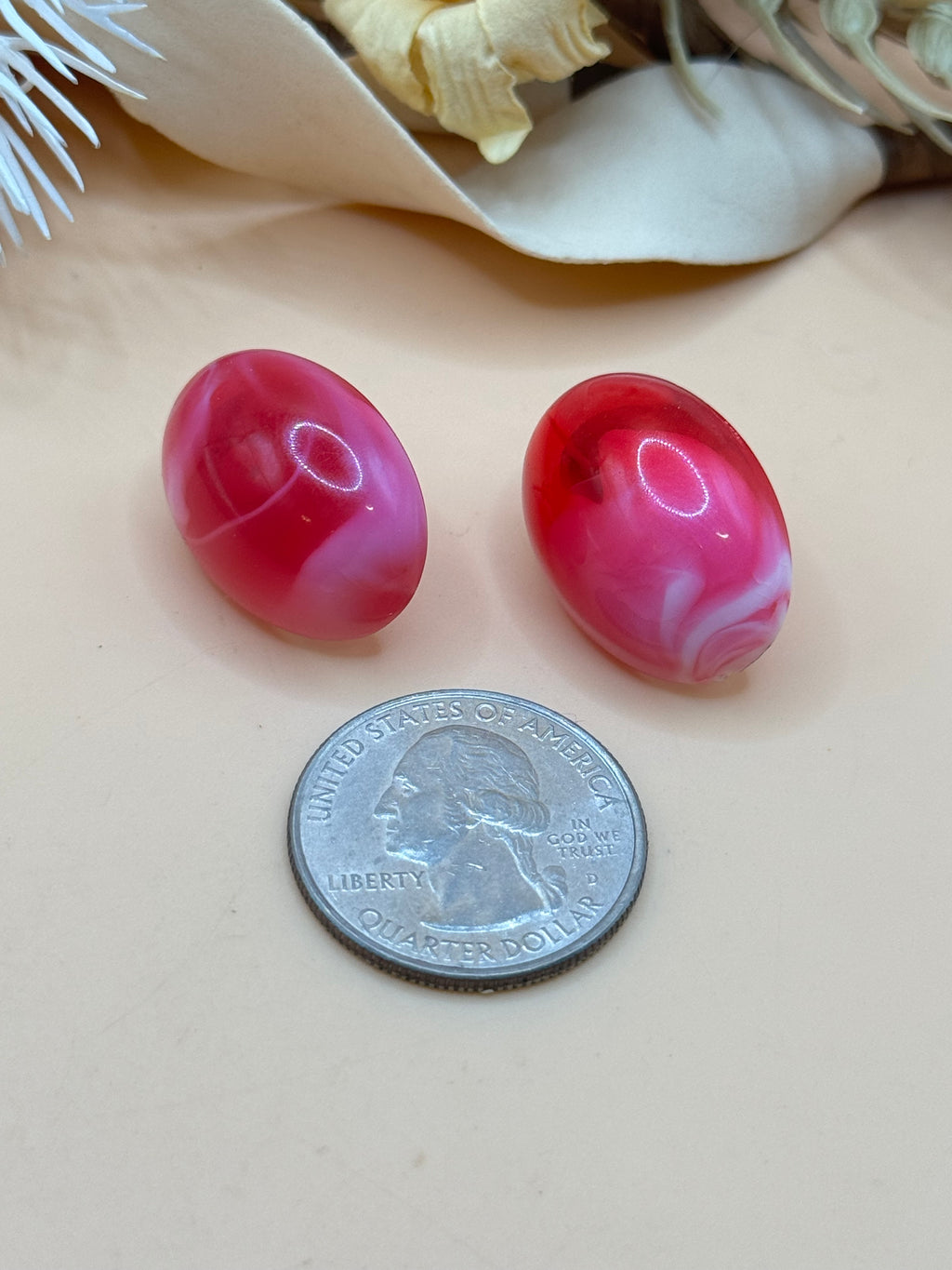 Pink Marbled Resin Oval Stud Earrings Glossy Statement Fashion Jewelry