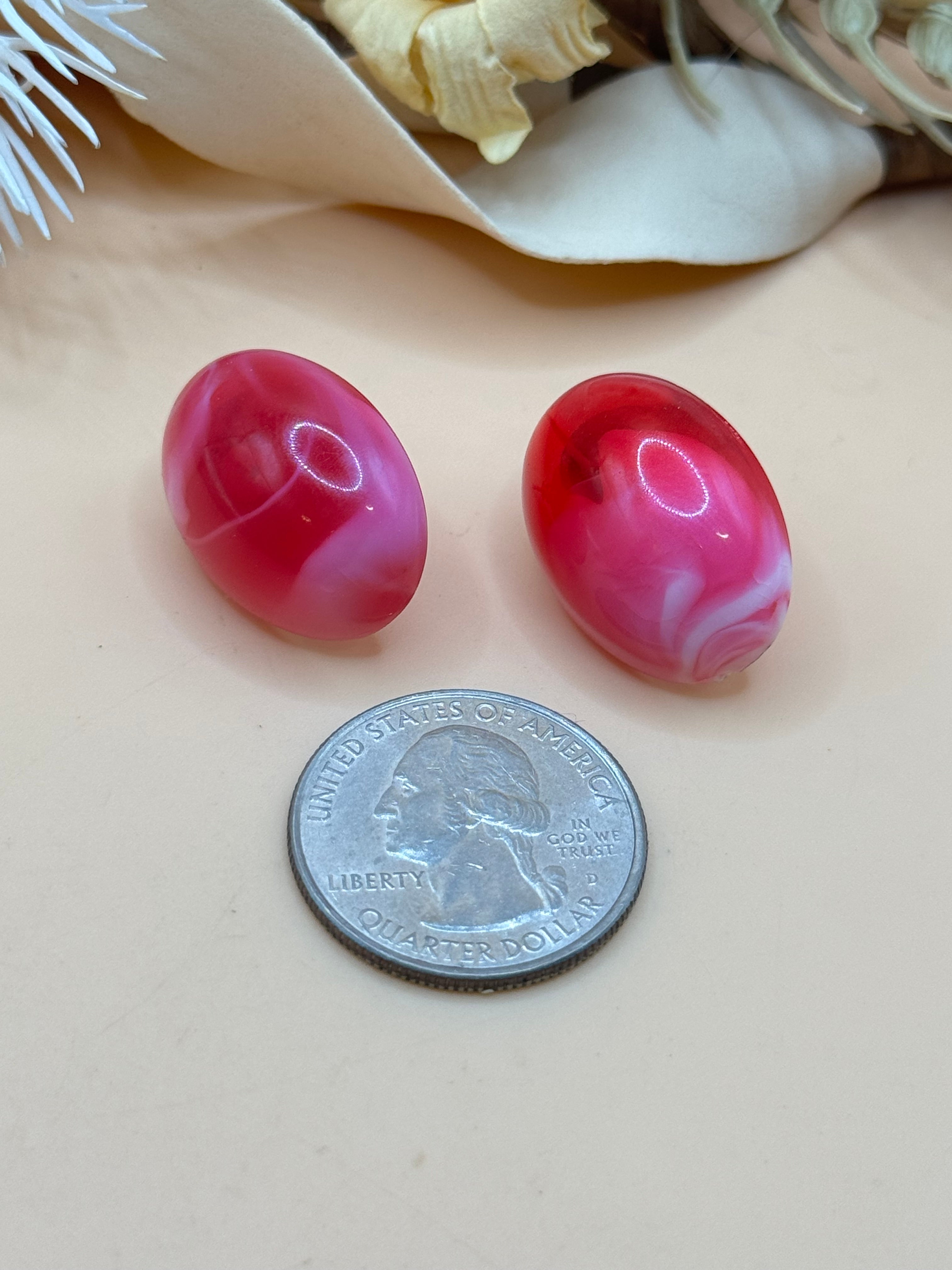 Pink Marbled Resin Oval Stud Earrings Glossy Statement Fashion Jewelry