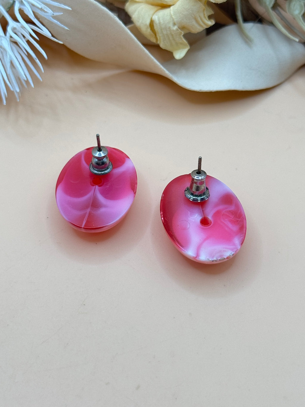 Pink Marbled Resin Oval Stud Earrings Glossy Statement Fashion Jewelry