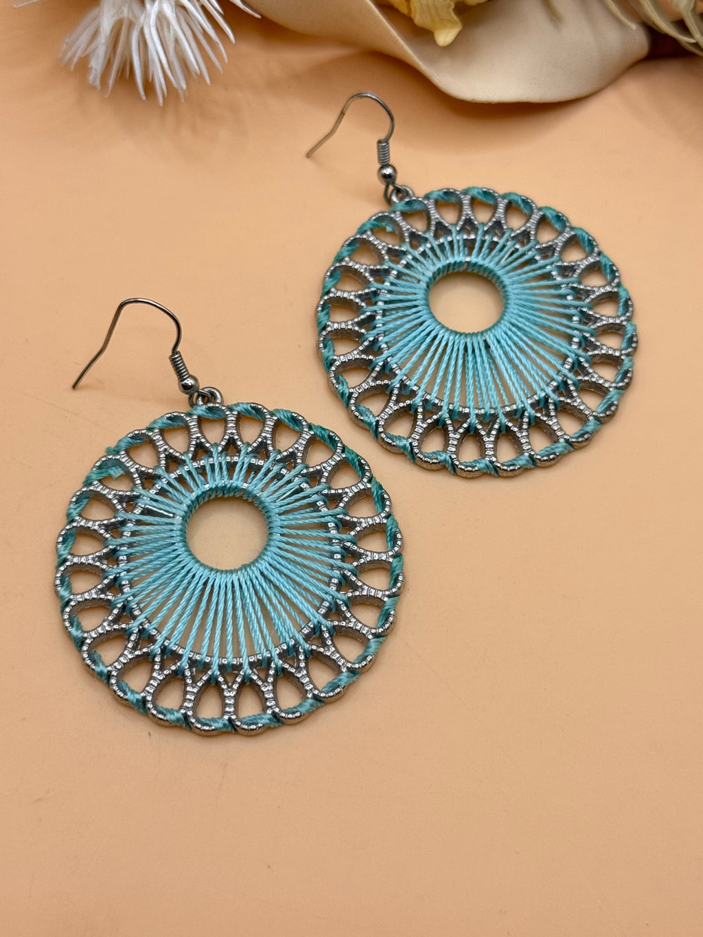 Turquoise Thread Wrapped Silver Tone Boho Round Dangle Hoop Earrings Large