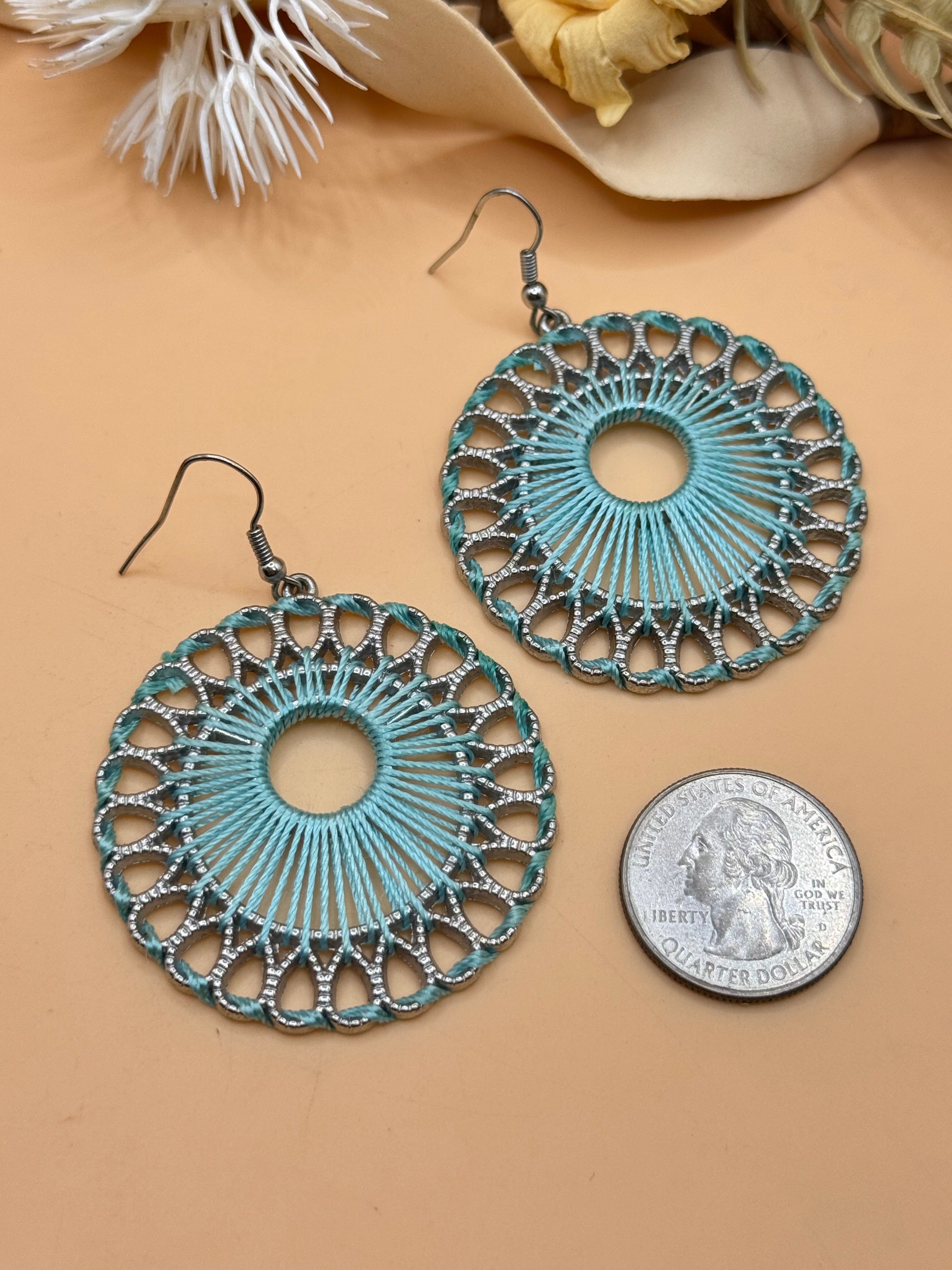 Turquoise Thread Wrapped Silver Tone Boho Round Dangle Hoop Earrings Large