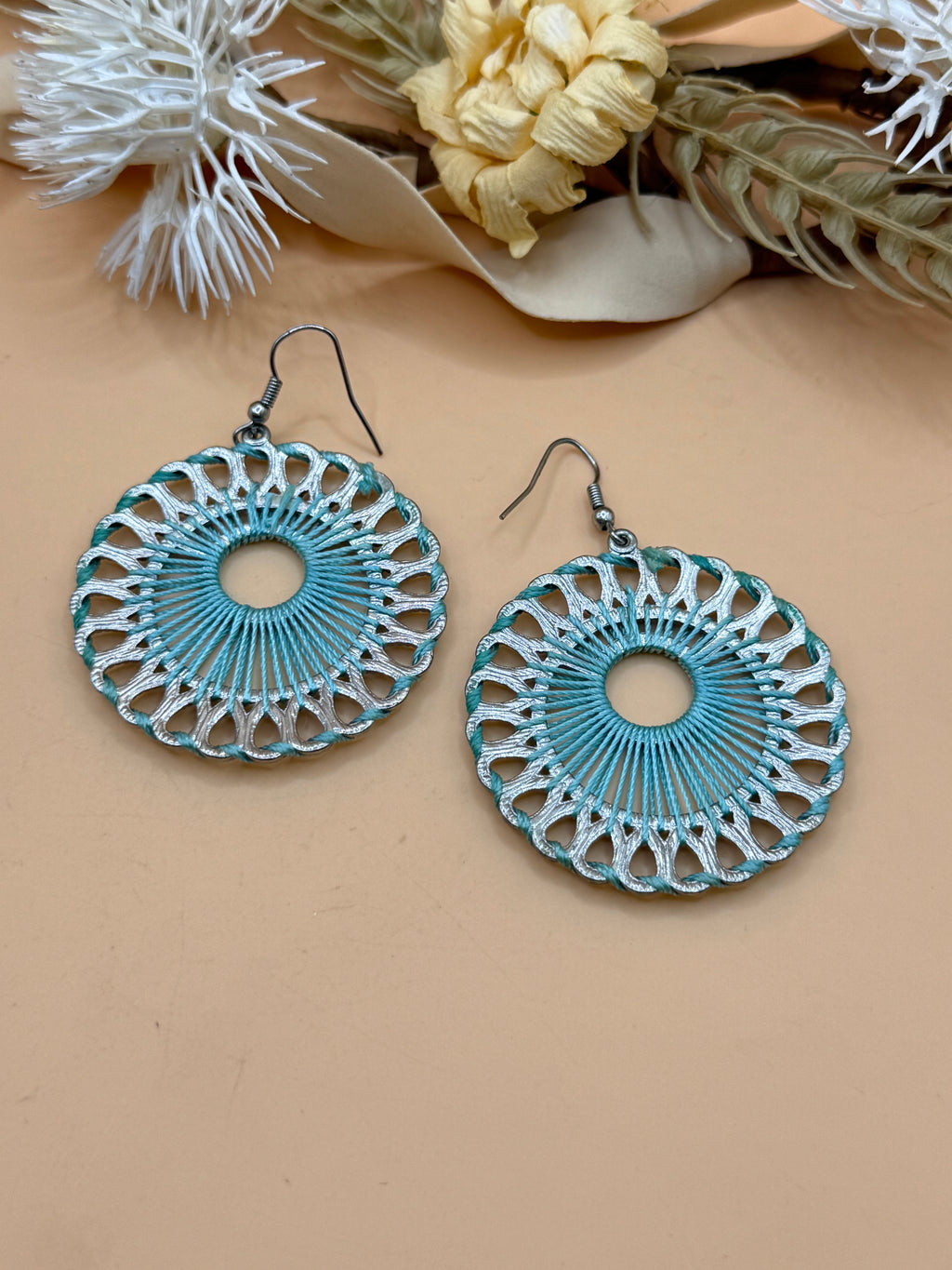 Turquoise Thread Wrapped Silver Tone Boho Round Dangle Hoop Earrings Large