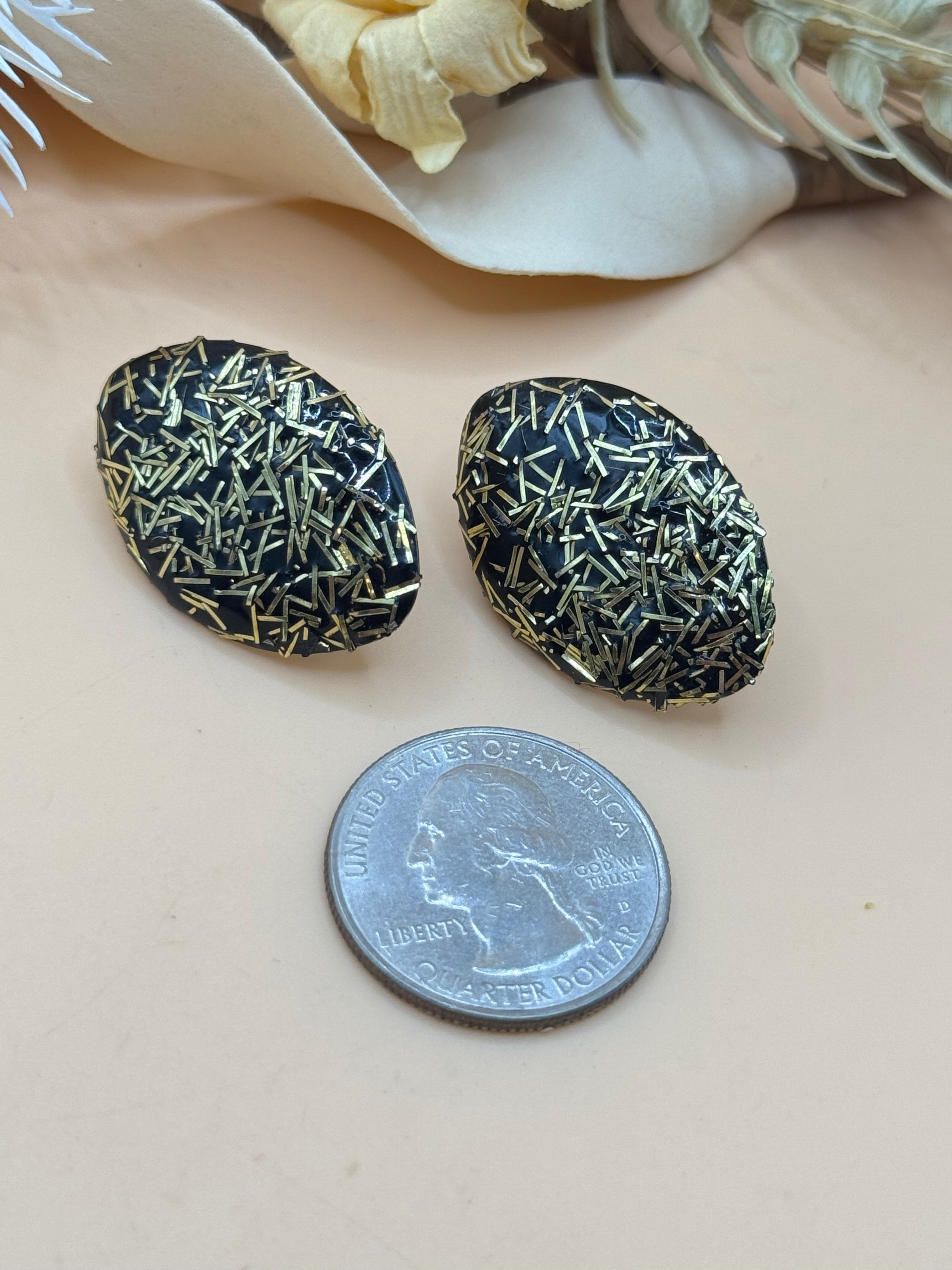 Vintage Black Gold Tone Confetti Oval Statement Stud Earrings Retro Abstract