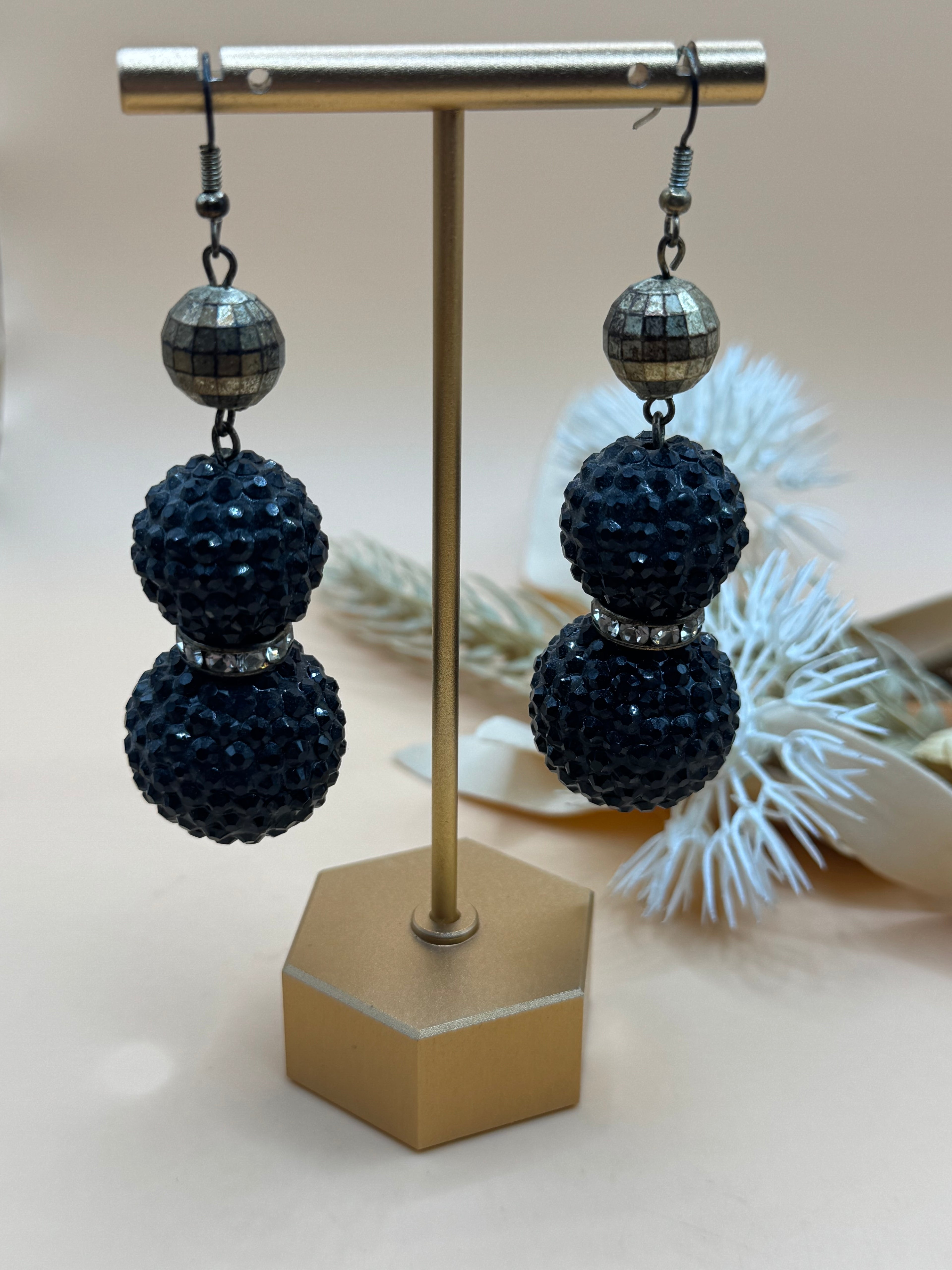 Black Rhinestone Ball Drop Earrings Gold Tone Disco Ball Statement Dangle Retro