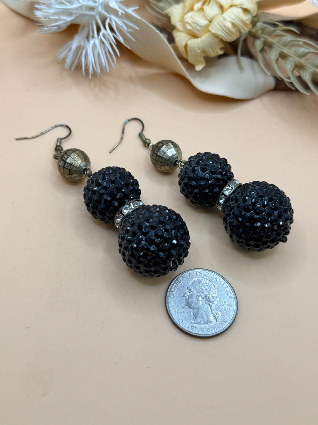 Black Rhinestone Ball Drop Earrings Gold Tone Disco Ball Statement Dangle Retro