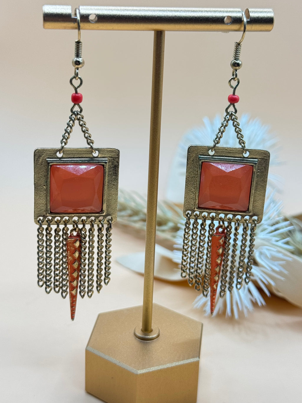 Coral Orange Silver Tone Fringe Dangle Earrings Geometric Boho Statement Retro