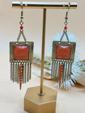 Coral Orange Silver Tone Fringe Dangle Earrings Geometric Boho Statement Retro