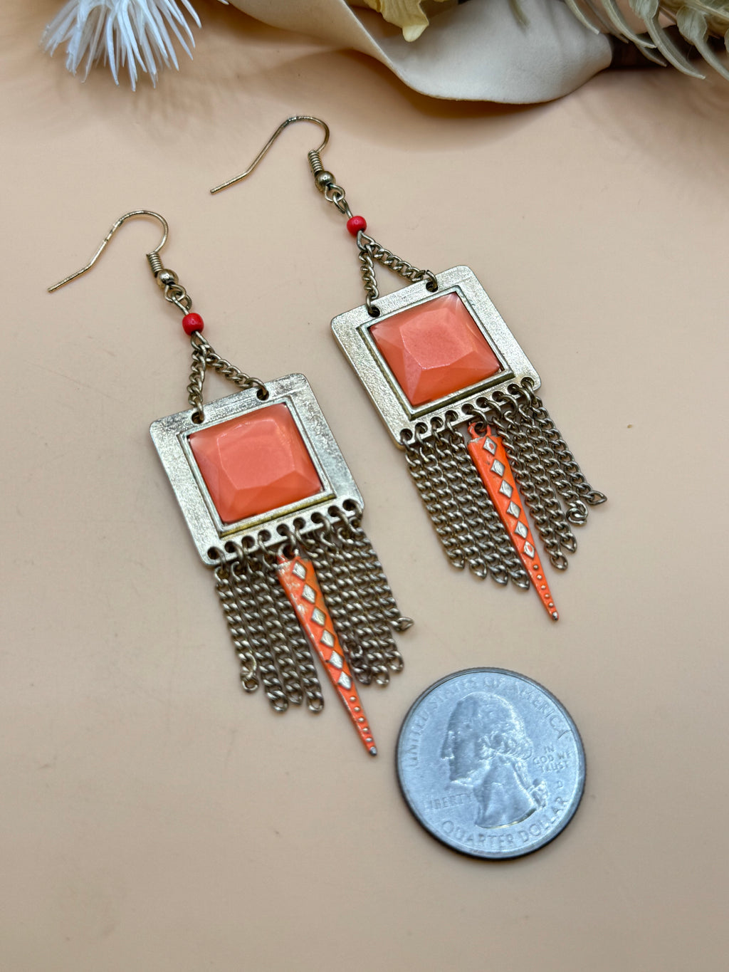Coral Orange Silver Tone Fringe Dangle Earrings Geometric Boho Statement Retro