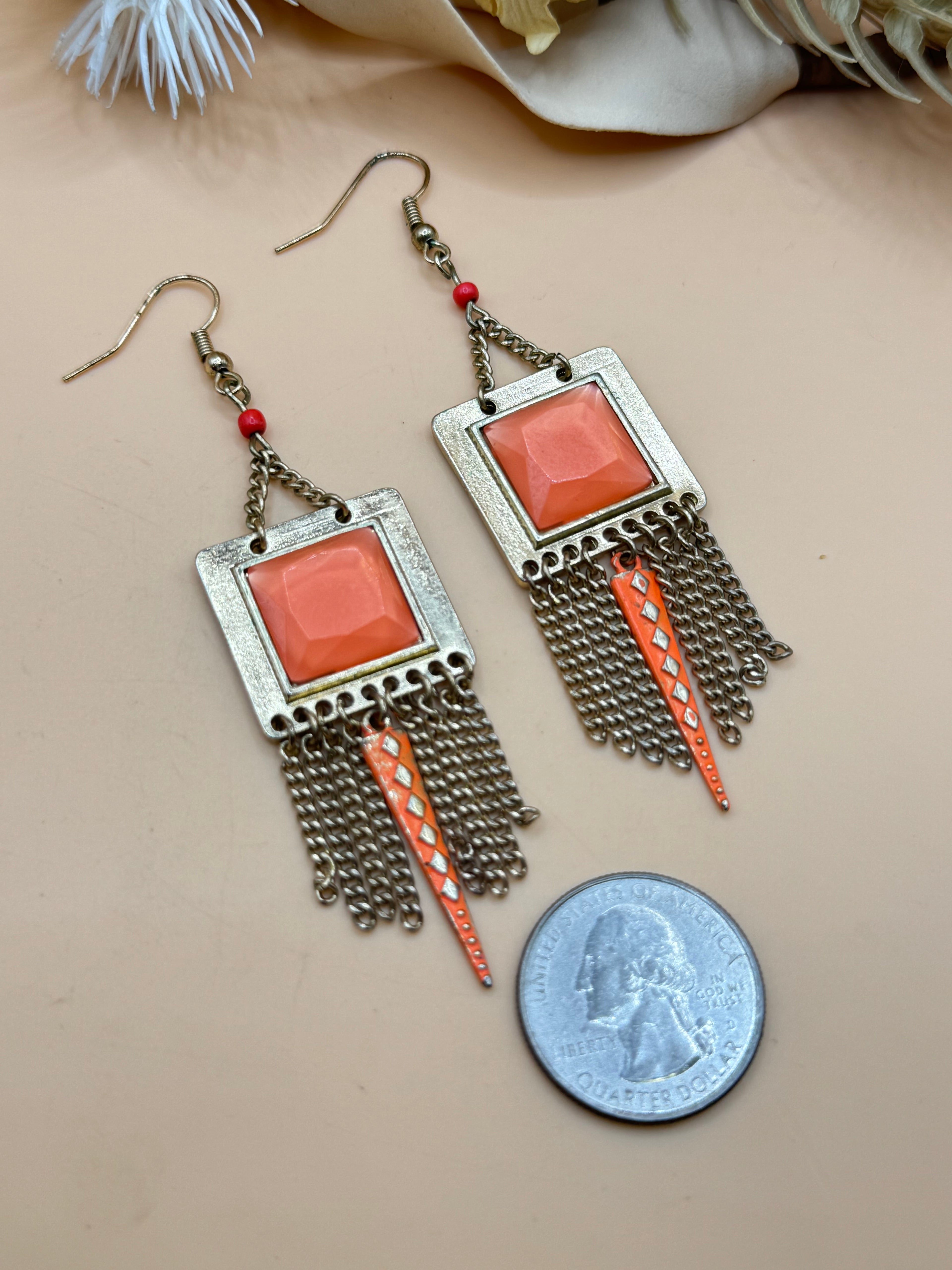 Coral Orange Silver Tone Fringe Dangle Earrings Geometric Boho Statement Retro
