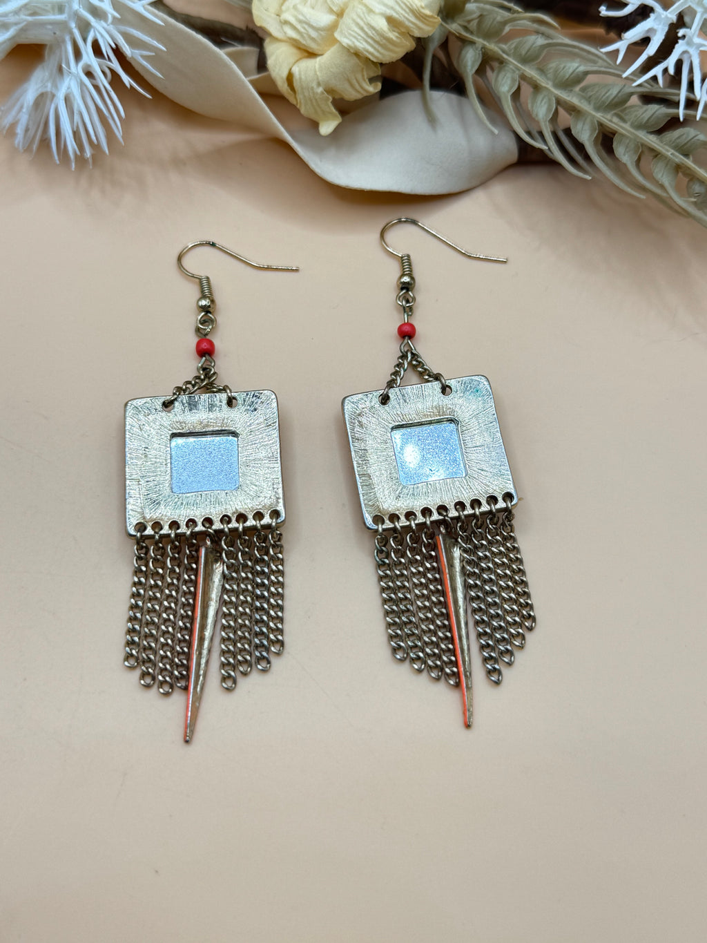 Coral Orange Silver Tone Fringe Dangle Earrings Geometric Boho Statement Retro