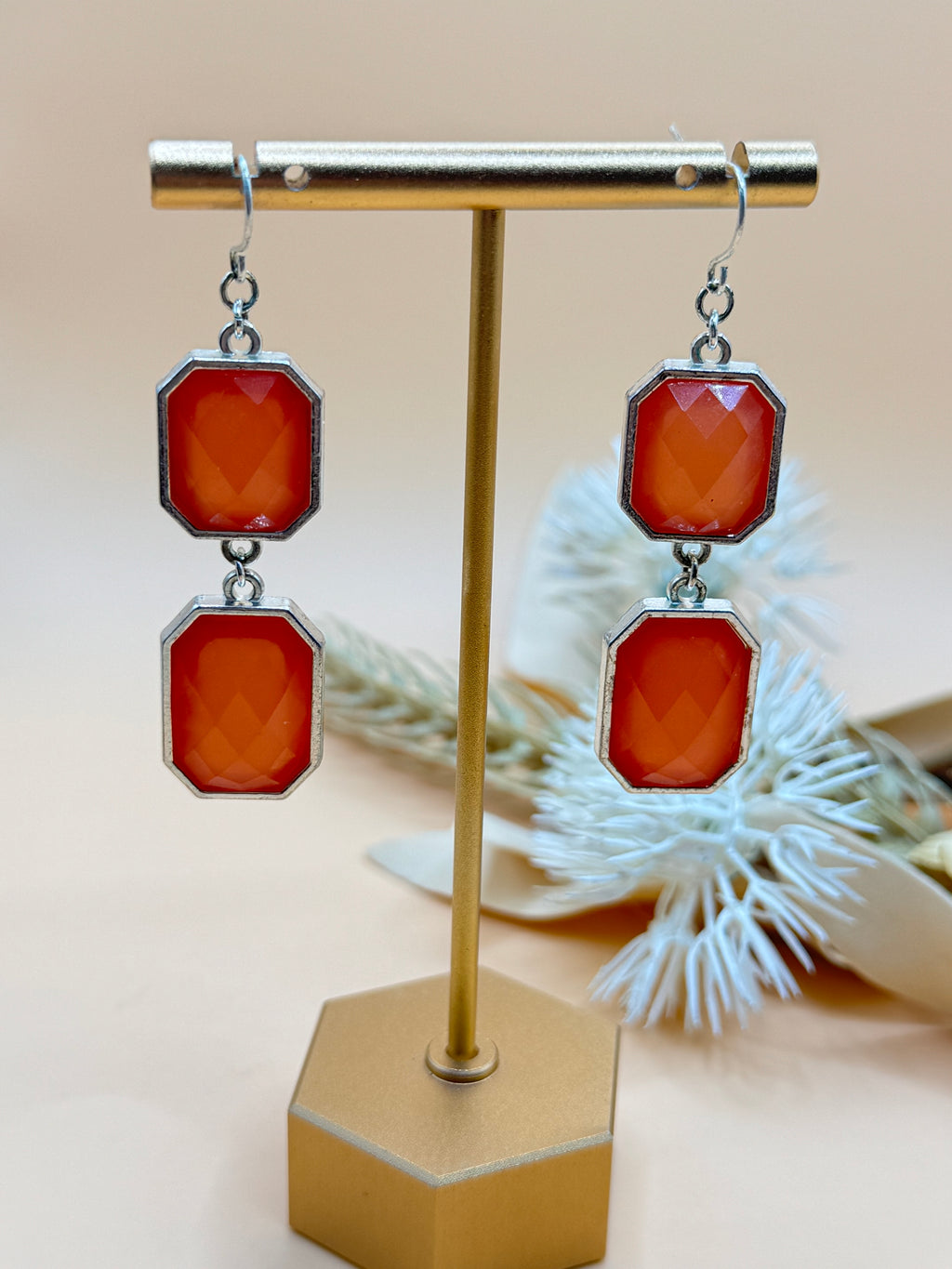 Orange Faceted Double Drop Dangle Earrings Silver Tone Geometric Statement