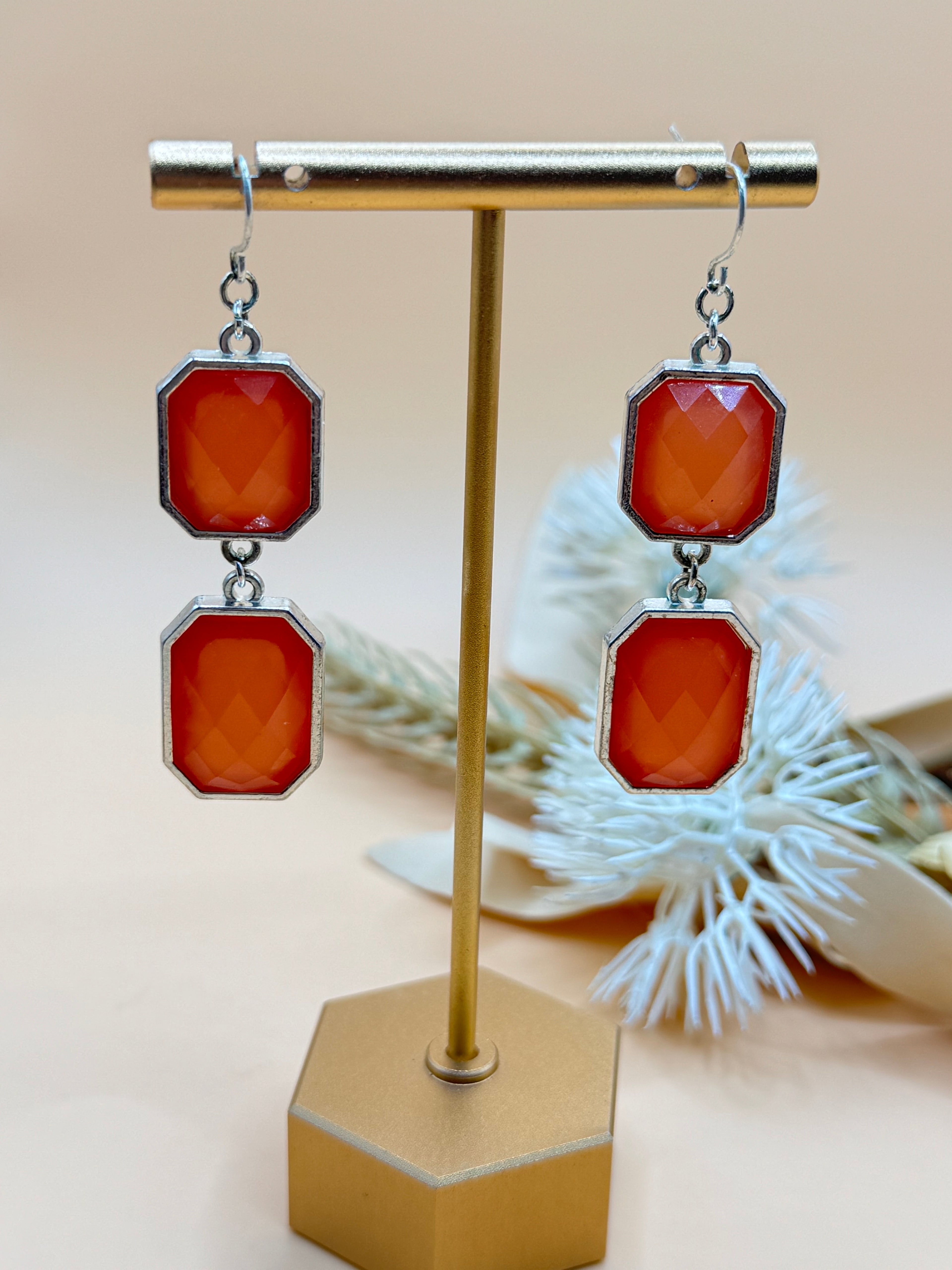 Orange Faceted Double Drop Dangle Earrings Silver Tone Geometric Statement