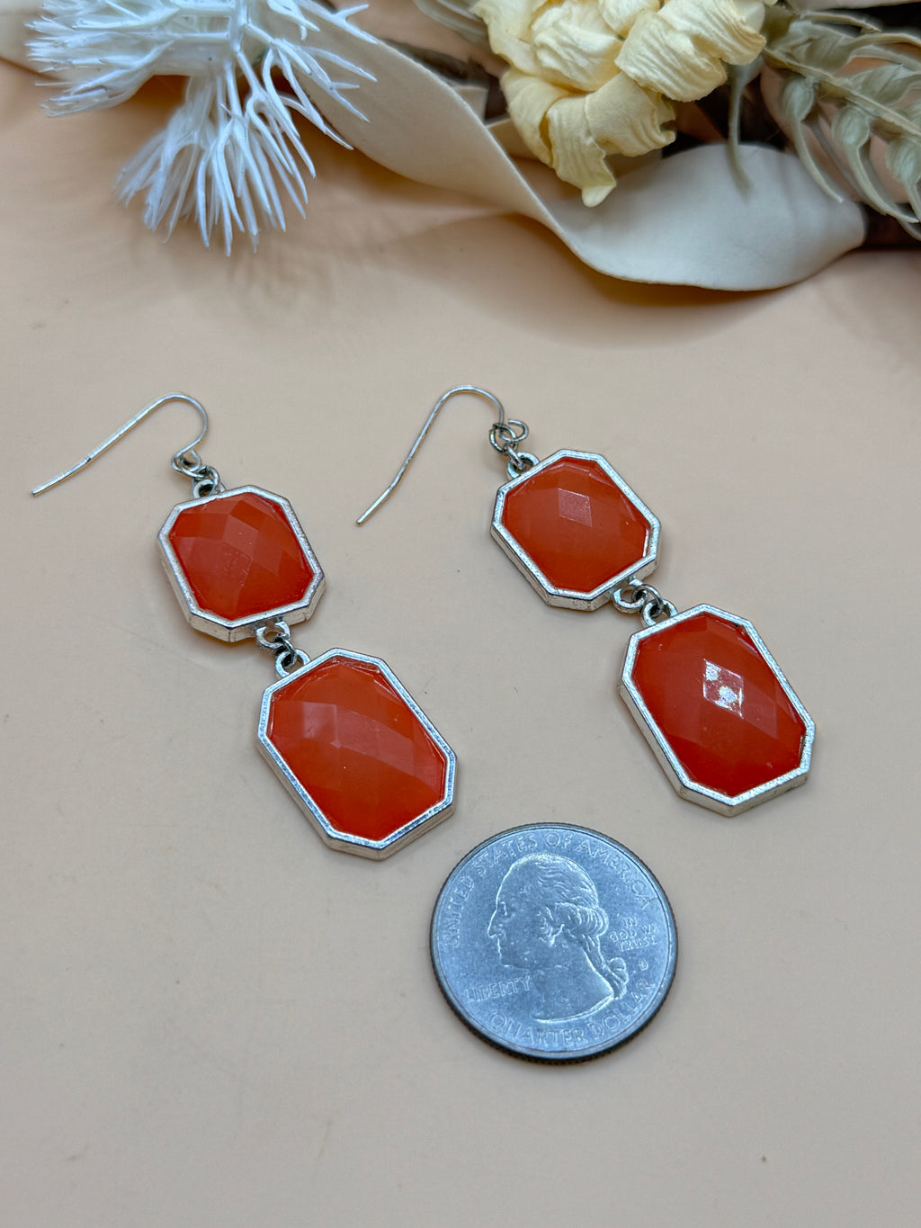 Orange Faceted Double Drop Dangle Earrings Silver Tone Geometric Statement