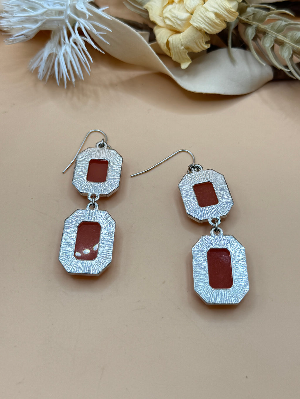 Orange Faceted Double Drop Dangle Earrings Silver Tone Geometric Statement