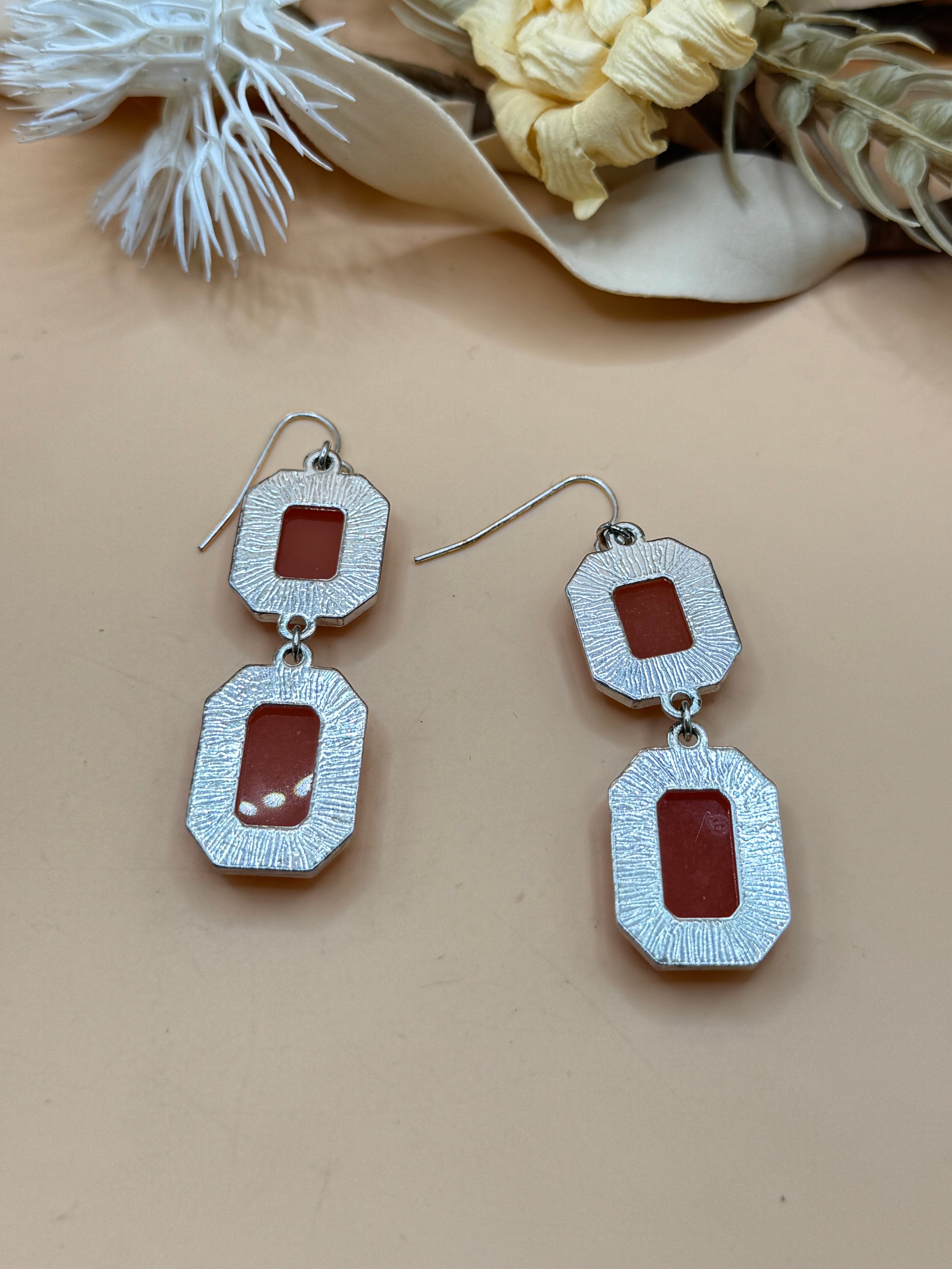 Orange Faceted Double Drop Dangle Earrings Silver Tone Geometric Statement
